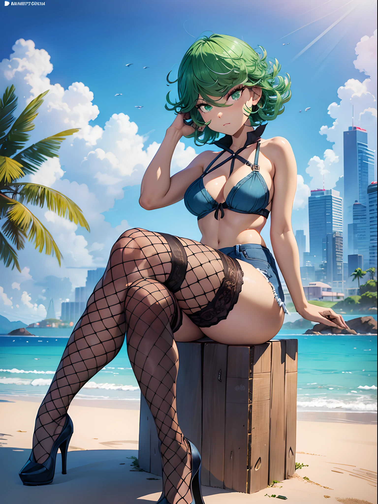 1girl, short green hair, green eyes, ((bikini, denim shorts, fishnets thighhighs, high heels, sitting, crossed legs, legs focus, bored expression, in a brazilian beach)), curvy figure, overlooking city, blush, day BREAK (((Masterpiece))), ((Highly detailed character)), ((perfect eyes)), ((perfect face)), ((best quality)), ((perfect hands)), high resolution, highly detailed image, thick thighs BREAK Beautiful background, volumetric lighting,