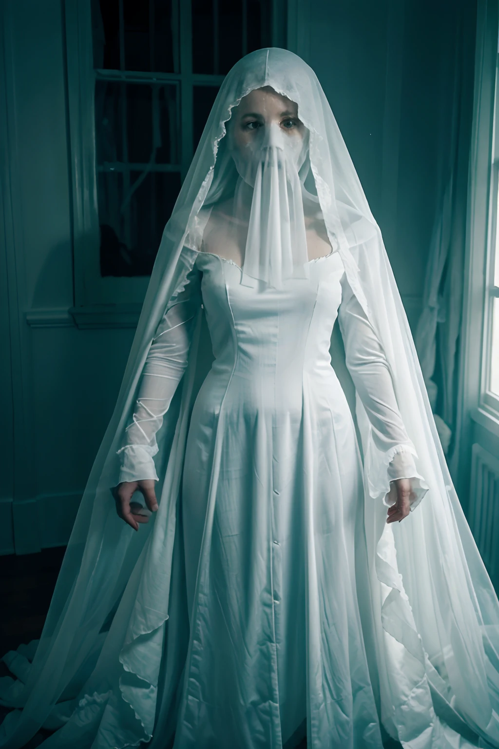 arafed woman in a white veil standing in a dark room, ghostly ghost, ghostly, ghostly figure, ghostly form, spiritual eerie creepy picture, spirits covered in drapery, cloaked woman, ghost, shrouded figure, halloween ghost under a sheet, pale young ghost girl, scary ghost, ghost room, beautiful with eerie vibes