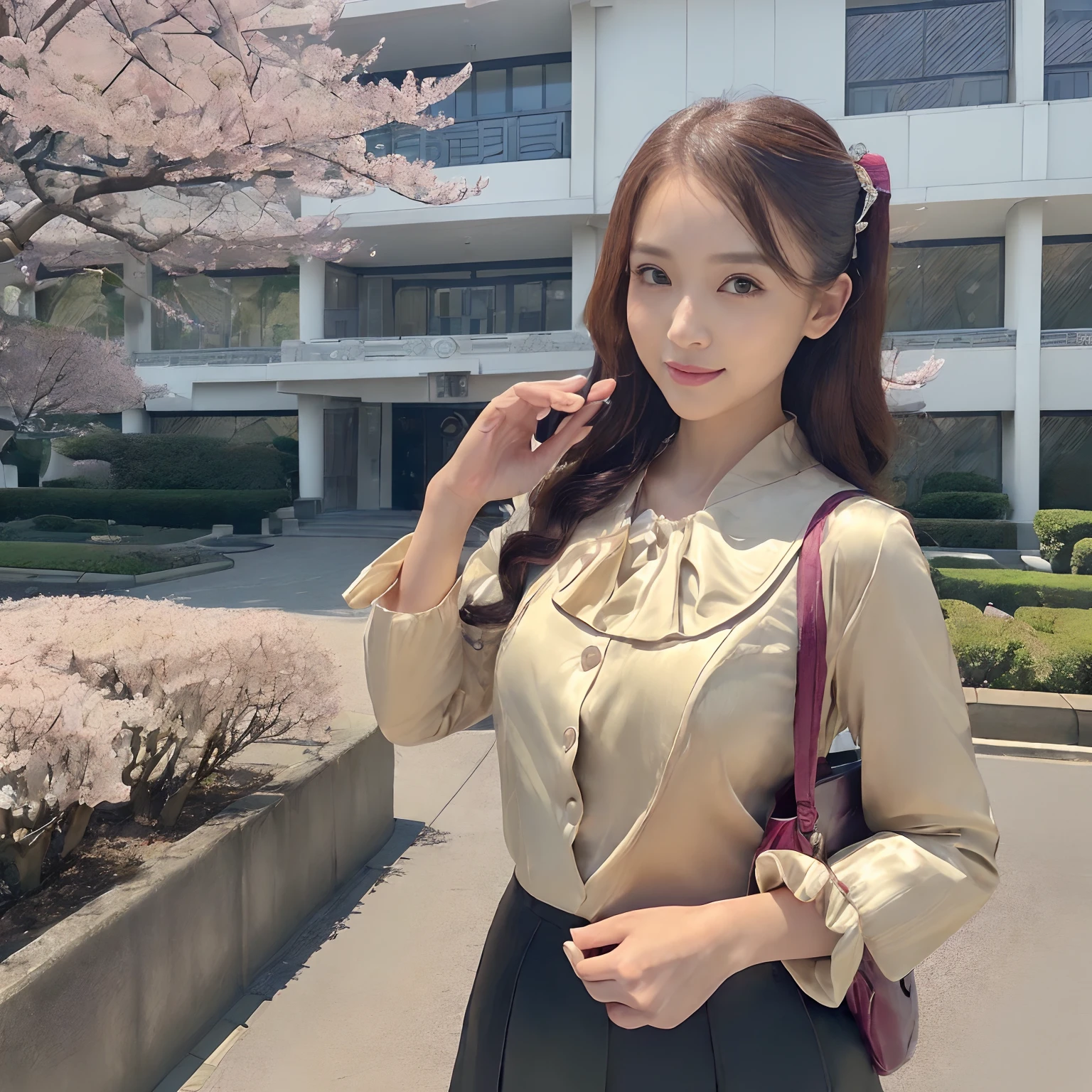 (((masutepiece、top-quality、Top image quality、in 8K、Award-Winning Works)))、(1人の女性,japanese beautiful woman,40 years、1 female)、(((Navy Suit Jacket、Formal blouse、tight skirts、Navy jacket and tight skirt、Midi length skirt、Skirt without folds、Ceremony Suit、Festive suit style、Classy tote bag1One、A high-quality tote bag1I have one、Wearing a pearl necklace、She wears a large corsage on her chest、Luxurious corsage on the chest、Walking outside the school、Walking)))、((((The background is a large school in Japan、Modern School、Angular school building、Square roof、rectangle、Square School、Realistic school building、Reinforced concrete schools in Japan、Perfect reproduction of the school building、Exterior of the school building、Square box-shaped school building、Four-story school building、Lots of square windows、cherry blossom in full bloom、Lots of cherry trees))))、(Perfect makeup, Looking at the camera,The most beautiful faces in Japan、Big smile、The happiest smile、Big smile、Biggest smile、A detailed face、Staring at this、Take a photo above from your lap、Elegantly curled hair、Slimed、Emphasize the bulge of the chest、super-fine、Classy hairstyle、Formal hairstyle、Abundant hairline hair、perfect glossy skin、Perfect shiny hair、Detailed and complex background、Perfect Anatomy)