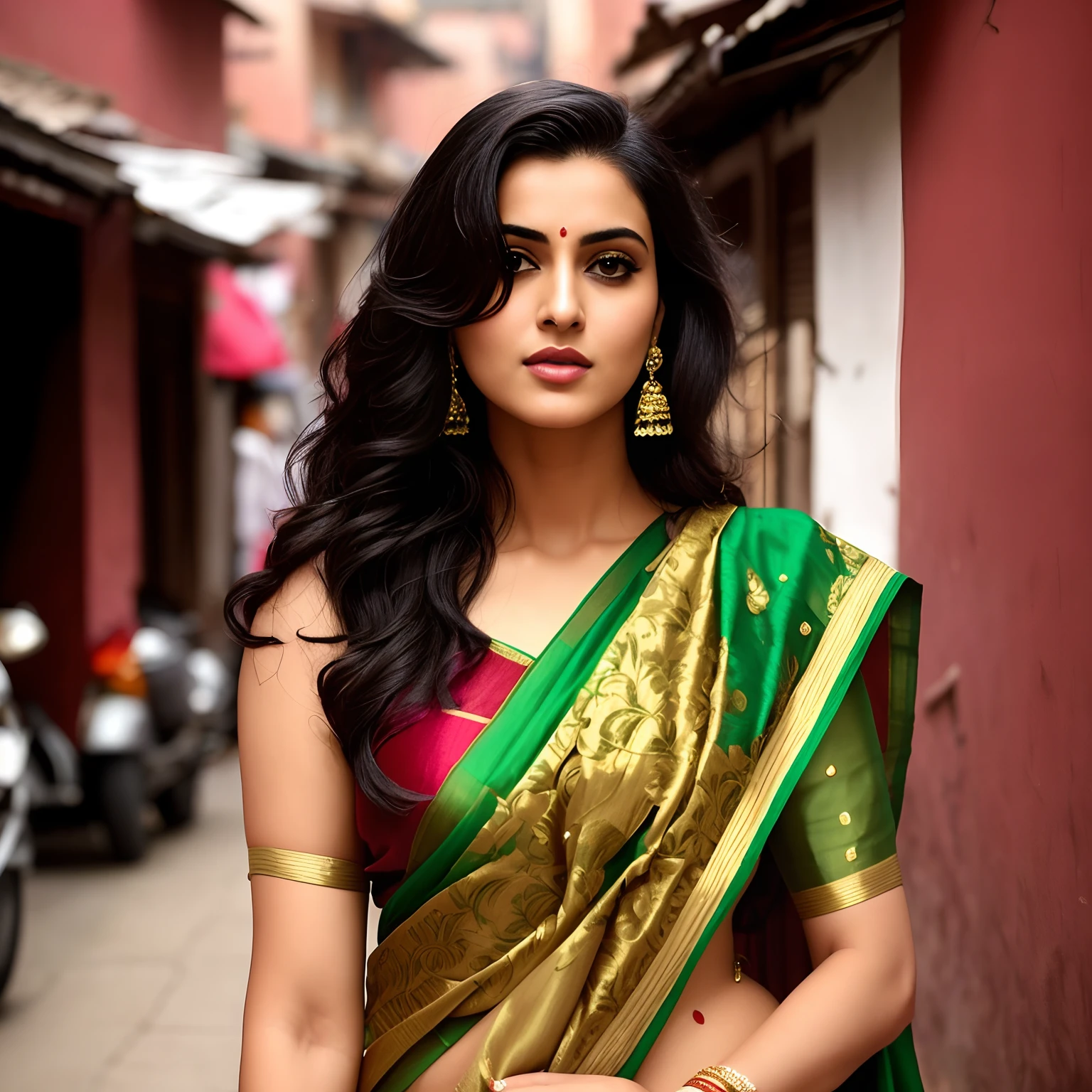 ((best quality)), ((masterpiece)), (detailed), Beautiful indian woman, Here is the image of a woman standing in a field during a rainy day, wearing a yellow saree, and holding an umbrella(pink color). The scene beautifully captures the essence of a monsoon day.