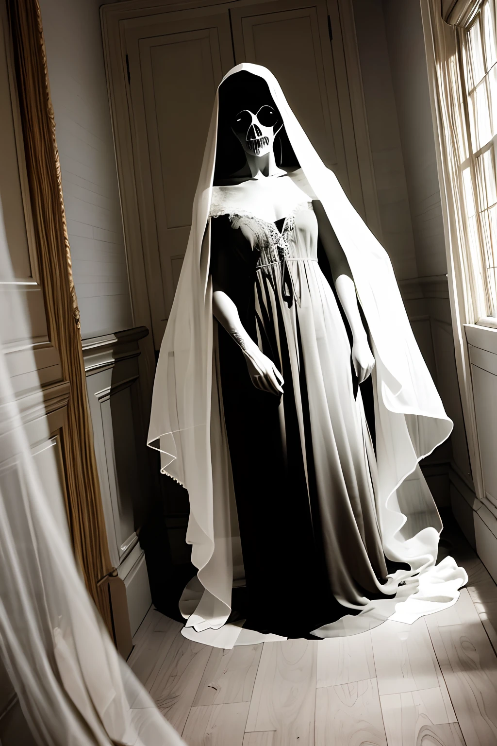 image of a person enveloped in a shroud-like material, appears to be merging with the air around them, high contrast between the dark background and the bright, glowing texture of the material to give a feeling of emergence or transformation, monochrome shades to enhance the mysterious and intense atmosphere