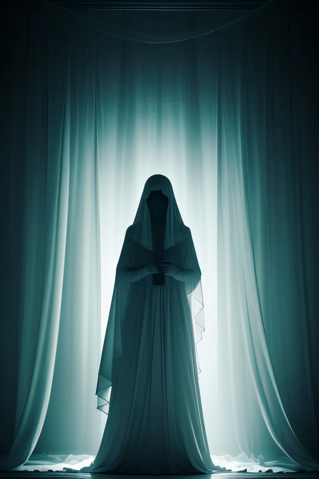 arafed woman in a white veil standing in a dark room, ghostly ghost, ghostly, ghostly figure, ghostly form, spiritual eerie creepy picture, spirits covered in drapery, cloaked woman, ghost, shrouded figure, halloween ghost under a sheet, pale young ghost girl, scary ghost, ghost room, beautiful with eerie vibes