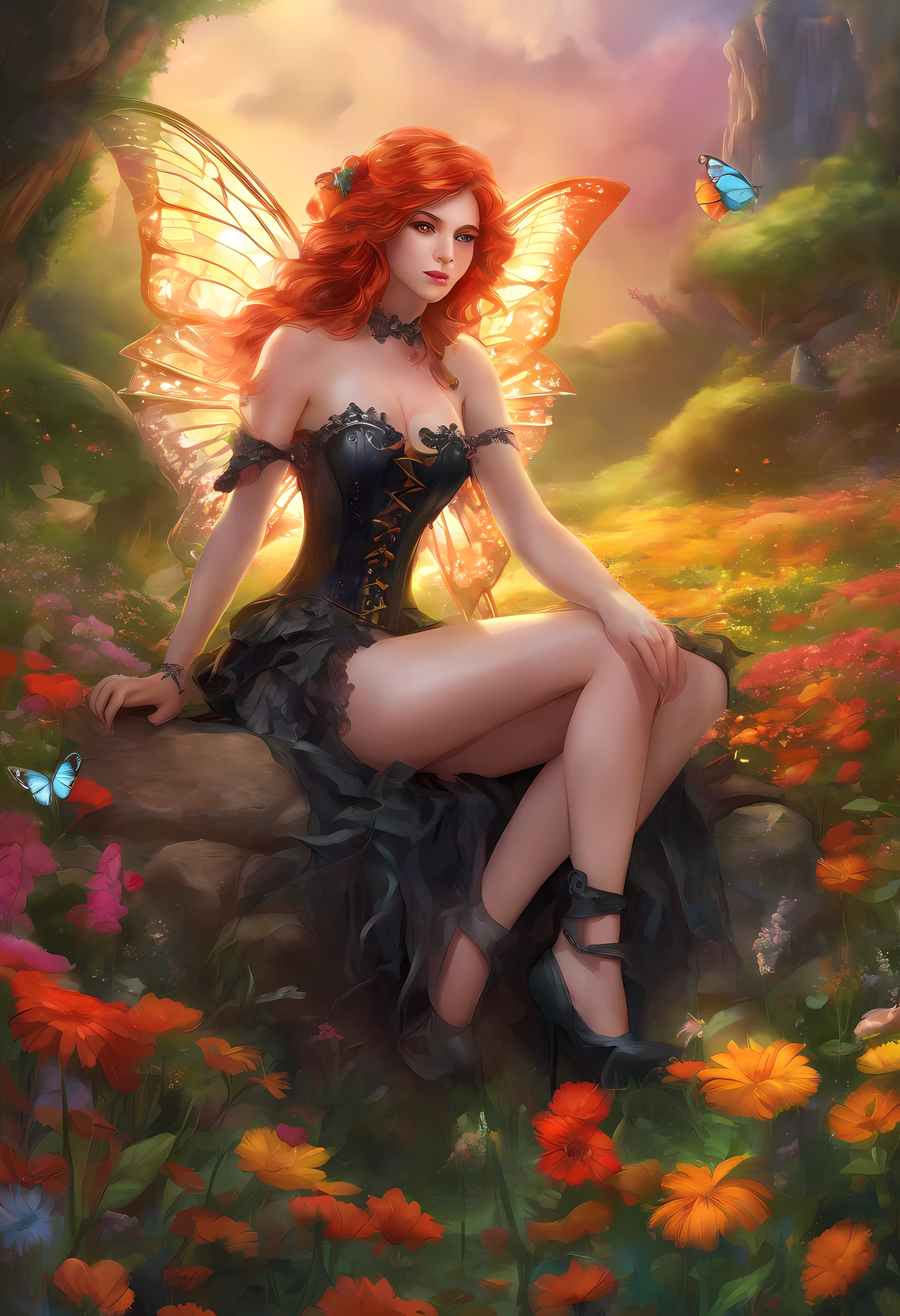 fantasy art, RPG art, picture of a fairy resting in a rainbow colored flower meadow, full body, an exquisite beautiful (ultra detailed, Masterpiece, best quality: 1.4) female fairy, dynamic angle (best detailed, Masterpiece, best quality), best detailed face (best detailed, Masterpiece, best quality: 1.5), ultra feminine (best detailed, Masterpiece, best quality), (white butterfly wings: 1.3)  (butterfly wings: 1.3), red hair, long hair, braided hair, dynamic eyes color, (wearing latex corset: 1.4), red corset, (black high heeled boots: 1.4), resting in  colorful flower meadow, sun rising,  high details, fantasy art, RPG art best quality, 16k, [ultra detailed], masterpiece, best quality, (ultra detailed), full body, ultra wide shot, photorealistic,