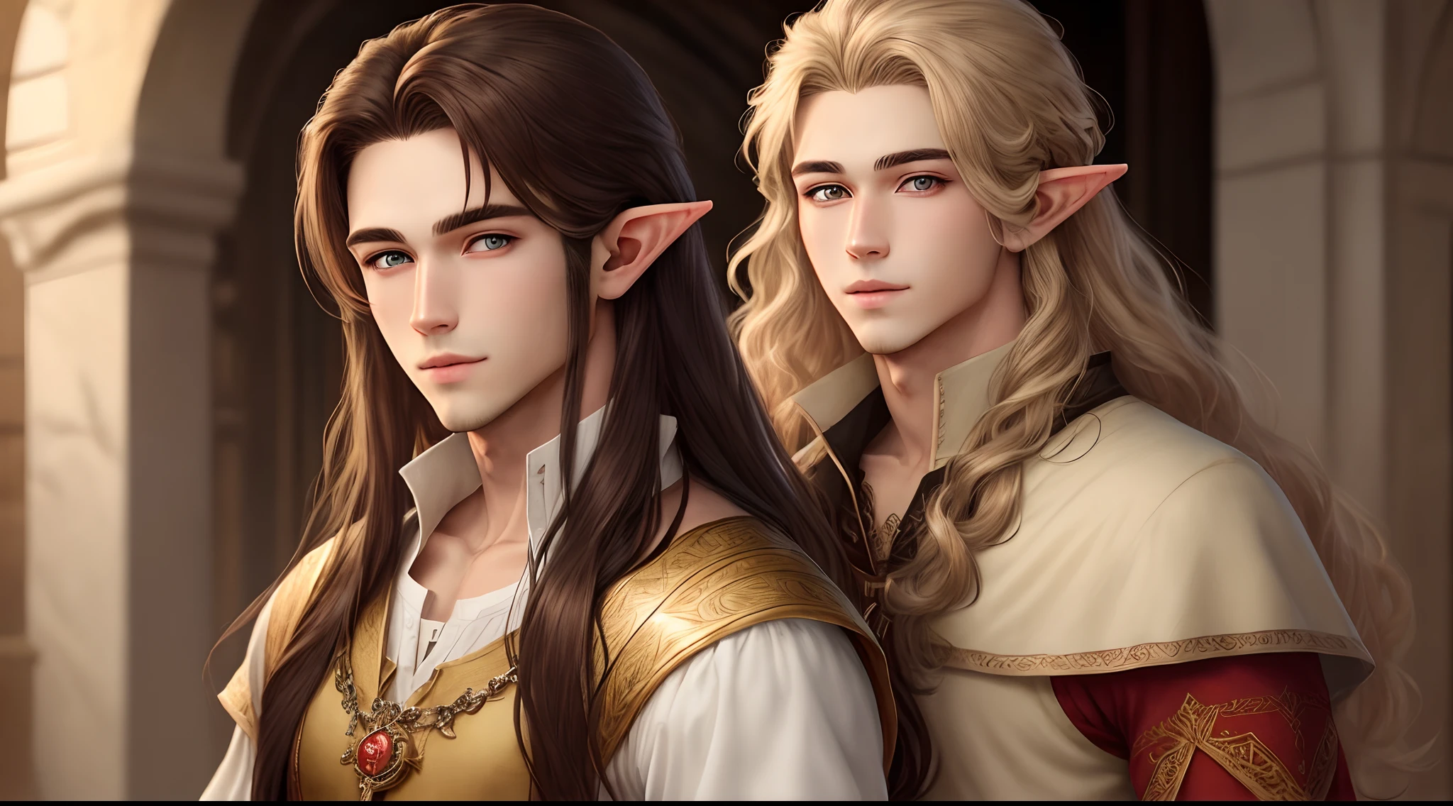 Handsome male elf with long brown hair, young looking, golden eyes