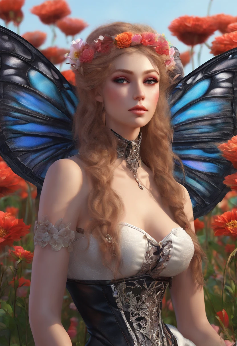 fantasy art, RPG art, picture of a fairy resting in a rainbow colored flower meadow, full body, an exquisite beautiful (ultra detailed, Masterpiece, best quality: 1.4) female fairy, dynamic angle (best detailed, Masterpiece, best quality), best detailed face (best detailed, Masterpiece, best quality: 1.5), ultra feminine (best detailed, Masterpiece, best quality), (white butterfly wings: 1.3)  (butterfly wings: 1.3), red hair, long hair, braided hair, dynamic eyes color, (wearing latex corset: 1.4), red corset, (black high heeled boots: 1.4), resting in  colorful flower meadow, sun rising,  high details, fantasy art, RPG art best quality, 16k, [ultra detailed], masterpiece, best quality, (ultra detailed), full body, ultra wide shot, photorealistic,