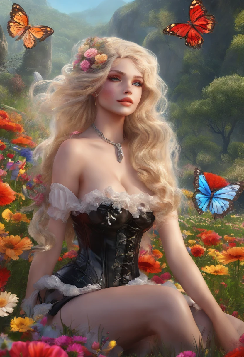 fantasy art, RPG art, picture of a fairy resting in a rainbow colored flower meadow, full body, an exquisite beautiful (ultra detailed, Masterpiece, best quality: 1.4) female fairy, dynamic angle (best detailed, Masterpiece, best quality), best detailed face (best detailed, Masterpiece, best quality: 1.5), ultra feminine (best detailed, Masterpiece, best quality), (white butterfly wings: 1.3)  (butterfly wings: 1.3), red hair, long hair, braided hair, dynamic eyes color, (wearing latex corset: 1.4), red corset, (black high heeled boots: 1.4), resting in  colorful flower meadow, sun rising,  high details, fantasy art, RPG art best quality, 16k, [ultra detailed], masterpiece, best quality, (ultra detailed), full body, ultra wide shot, photorealistic,