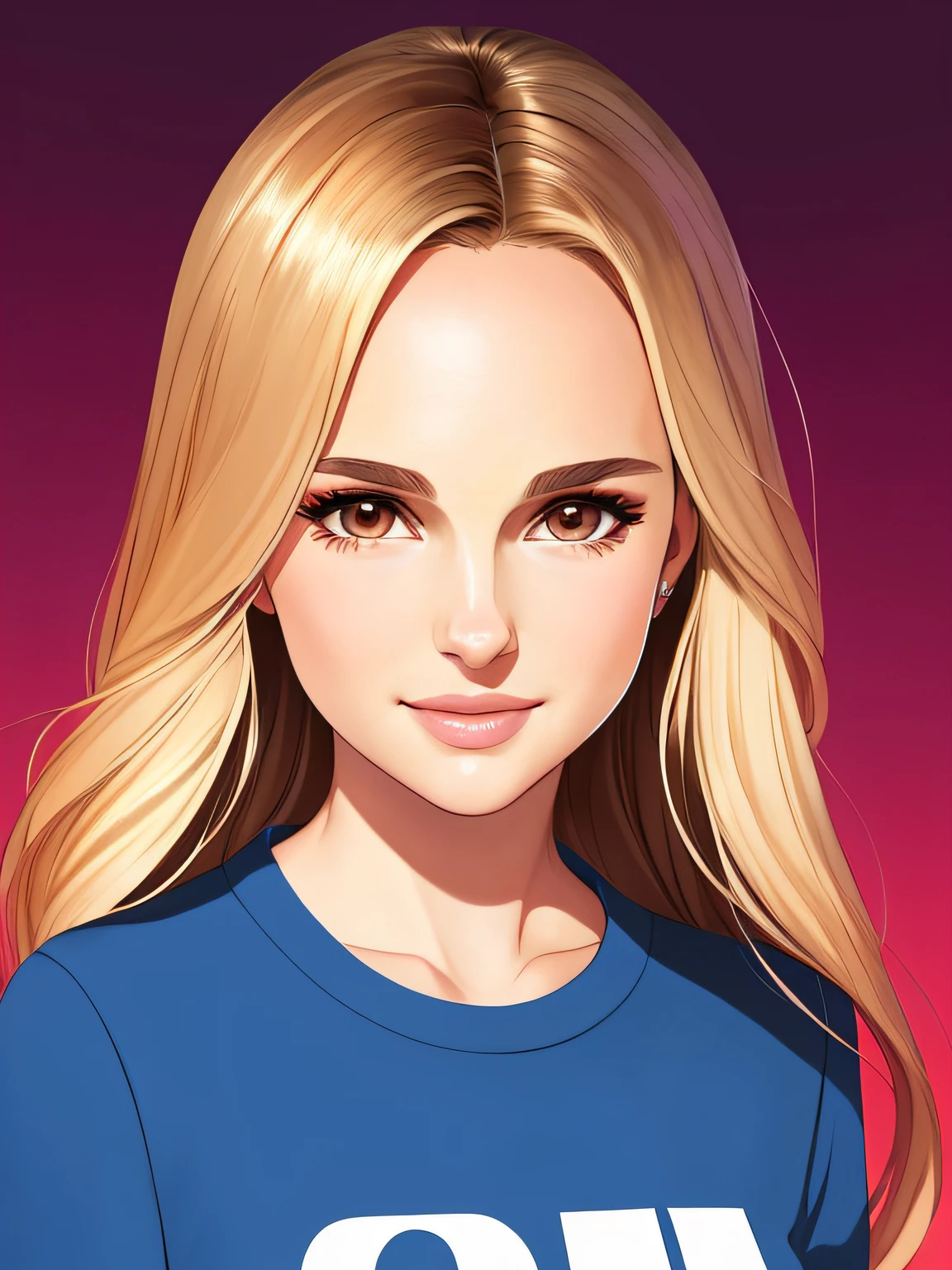 masterpiece, flat illustration, ABBA singer,cute woman,beautiful anime style woman,Natalie Portman,brown eyes,smiling,Blonde hair,,flat colors,cute head,wide angle, clean detailed faces, intracate clothing, analogous colors, glowing shadows, beautiful gradient, depth of field, clean image, high quality, high detail, high definition, Luminous Studio graphics engine