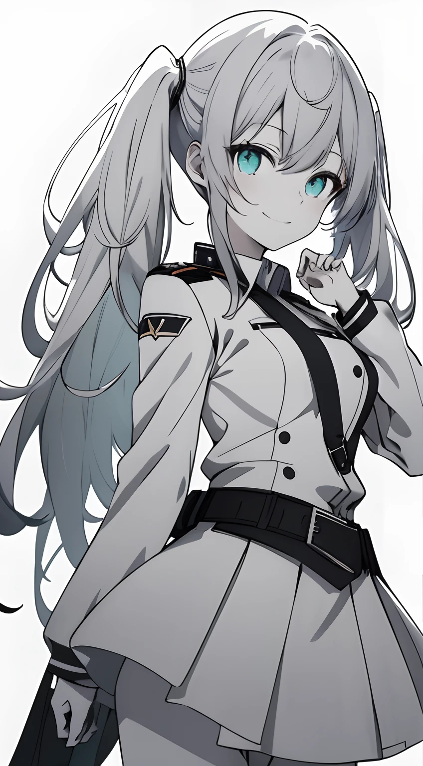 Full body, White one-piece military uniform, Jet black head of hair,(masutepiece:1.2, Best Quality), (finely detailed beautiful eye: 1.2), (beautifull detailed face), High contrast, (Best Illumination, extremely delicate and beautiful), ((Cinematic Light)), Dramatic light, Intricate details,Turquoise eyes, Shining eyes,Short stature, Undersized breasts、Belt under the chest、White military uniform, White skirt,Very dark gray hair, Black tie,  (Pale white background:1.5), Long twin tails fluttering in the wind,very long twintails, white  clothes,Look at me and smile,