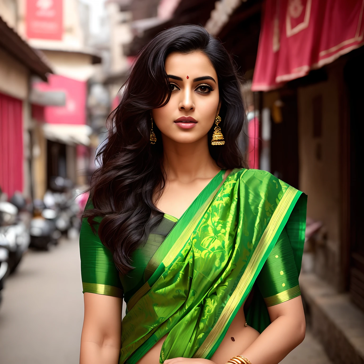 araffe woman in a sari posing for a picture in a street, very attractive and beautiful, traditional beauty, breathtaking look, dressed in a sari, mid-shot portrait of a beautiful, wearing a sari, beautiful model, beautiful look, very beautiful photo, stylish pose, gorgeous woman, pretty face!!, with lovely look, beautiful face!!!!, attractive and beautiful