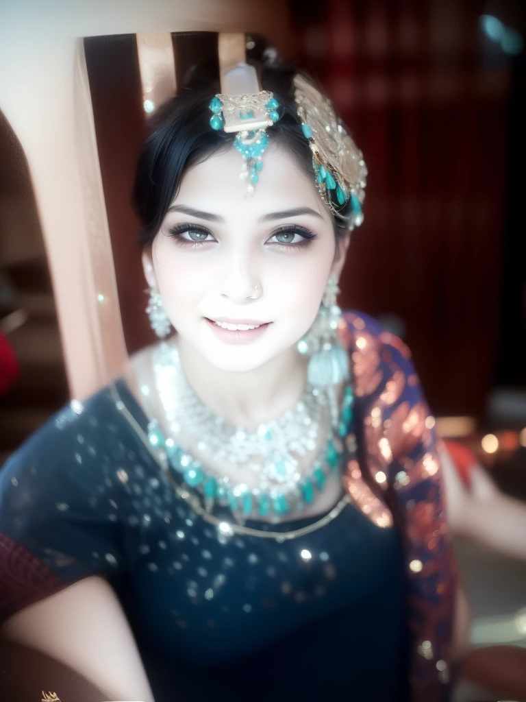 (best quality,ultra-detailed,realistic:1.37),portraits,soft lighting,rich colors,sari,purple jewelry,proud bosom, mischievous eyes,gentle smile,traditional Indian wedding,fair skin,flowing black hair,French braids,beautiful girl