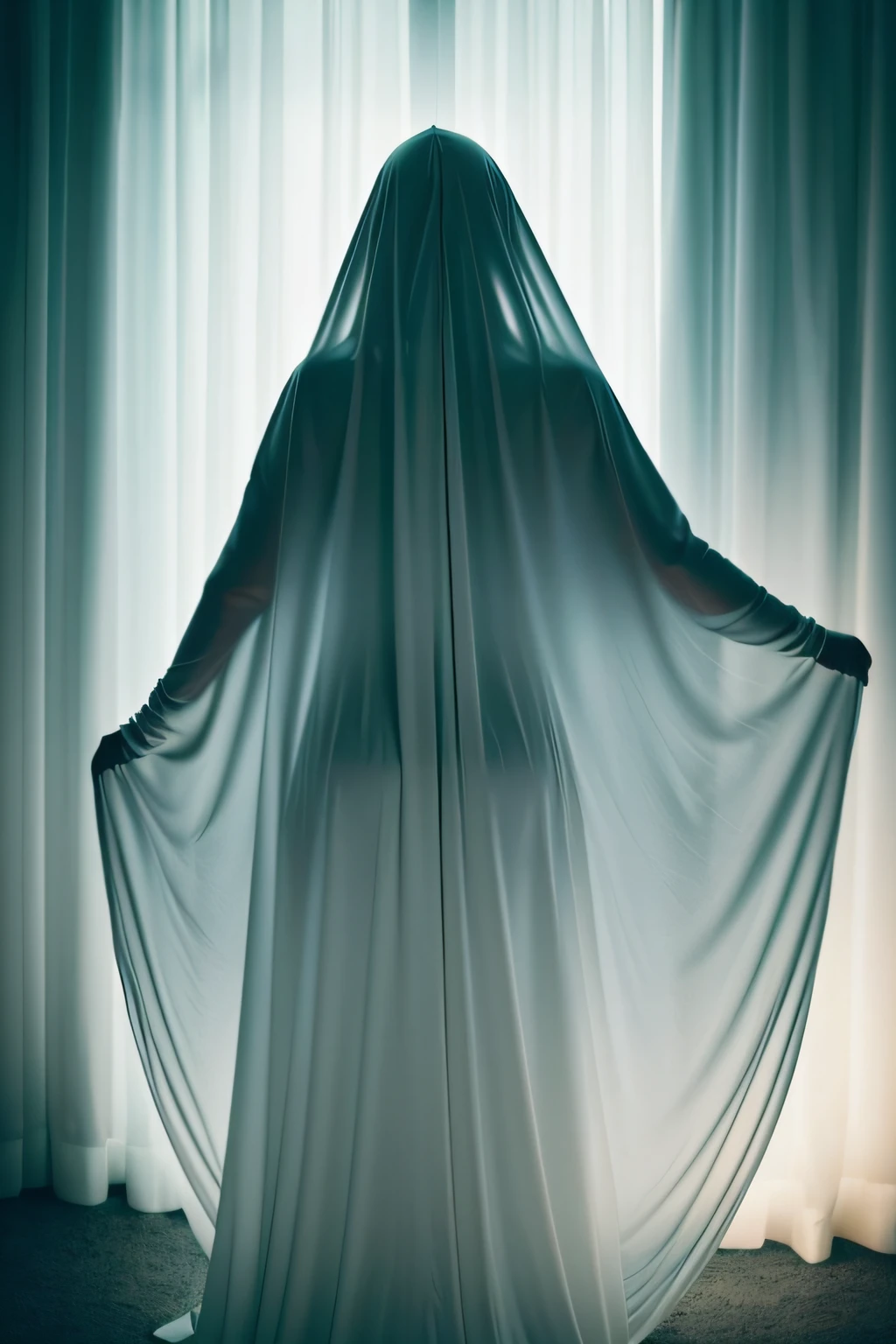 Scary ghost woman totally naked with bulky body and covered by an extremely transparent cloth in an abandoned building at night in a dark and scary environment, com flocos de poeira voando,