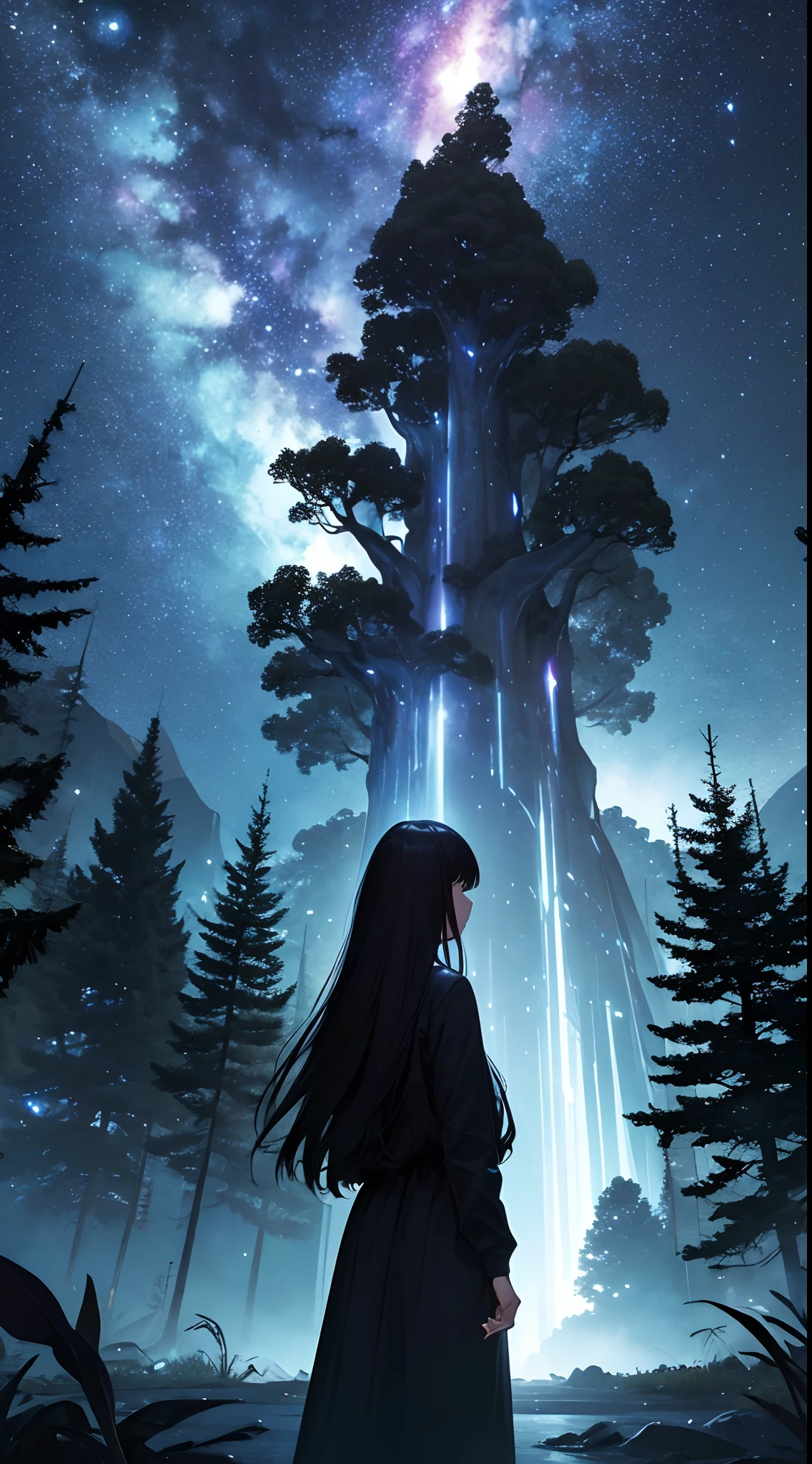 ​masterpiece、Background with（（starrysky、Meteor swarm、black hole））、Depth（（Huge fantastic tree、It's glowing.、plants、城市））、a beauty girl、Rear view、Looking up