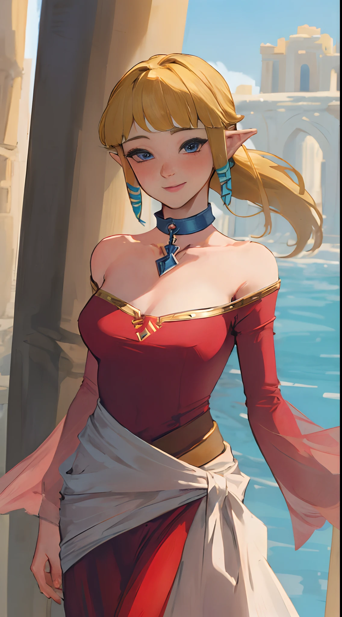 (adult:1.6)(25 years old:1.7)(masterpiece, best quality:1.2), 1girl,solo,(looking at viewer), princess, Zelda, red theme, long strapless dress, blonde hair, bare shoulders, blue eyes, palace, cowboy shot, ponytail,(blushing), (collar), (smiling:0.8),(see-through:0.3)(eyes open:1.3),(excited:0.4)(surprised:0.5)(affectionate:0.6)