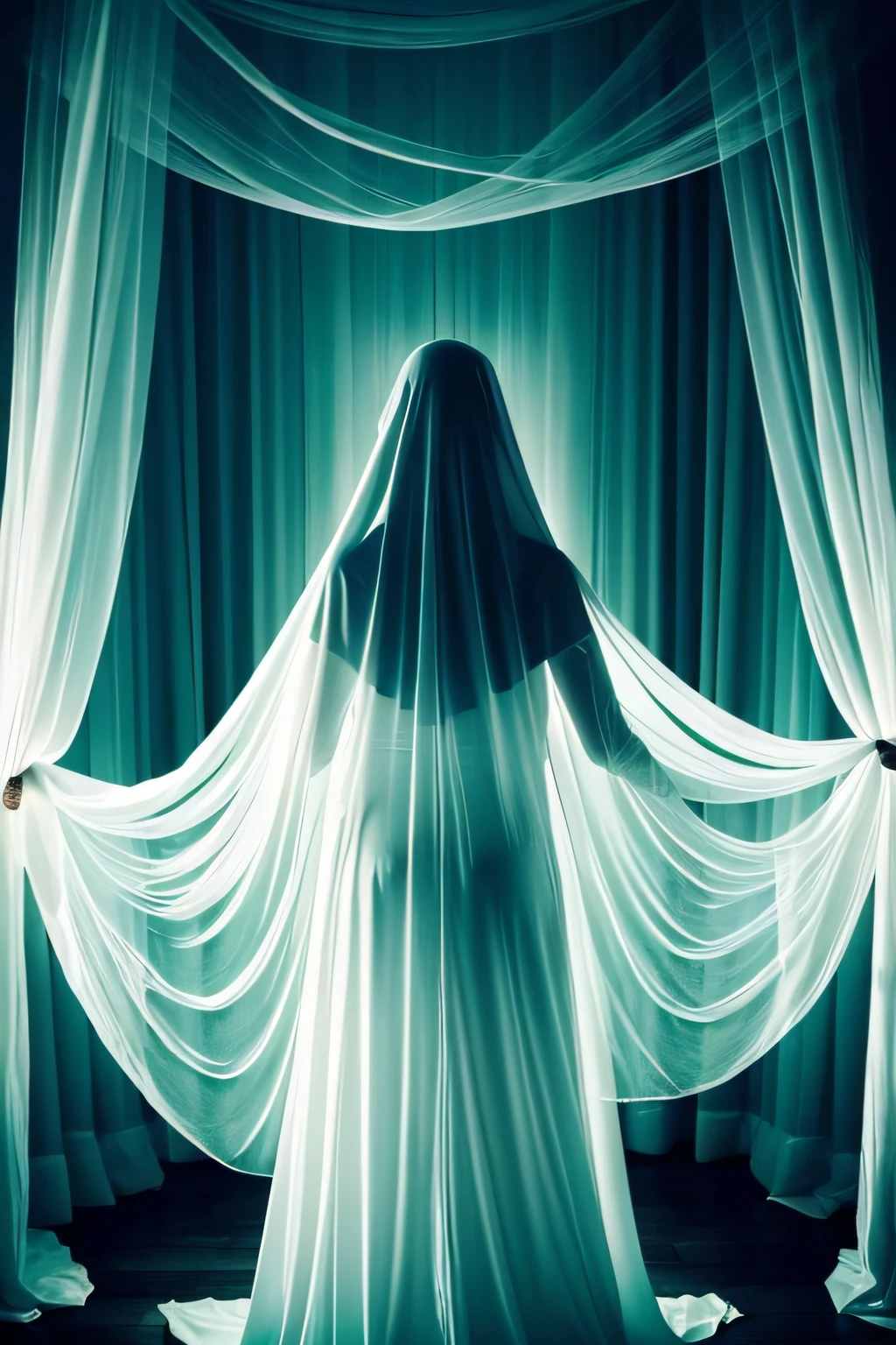 arafed woman in a white veil standing in a dark room, ghostly ghost, ghostly, ghostly figure, ghostly form, spiritual eerie creepy picture, spirits covered in drapery, cloaked woman, ghost, shrouded figure, halloween ghost under a sheet, pale young ghost girl, scary ghost, ghost room, beautiful with eerie vibes. Captured from behind, large hips, see butt shades, .