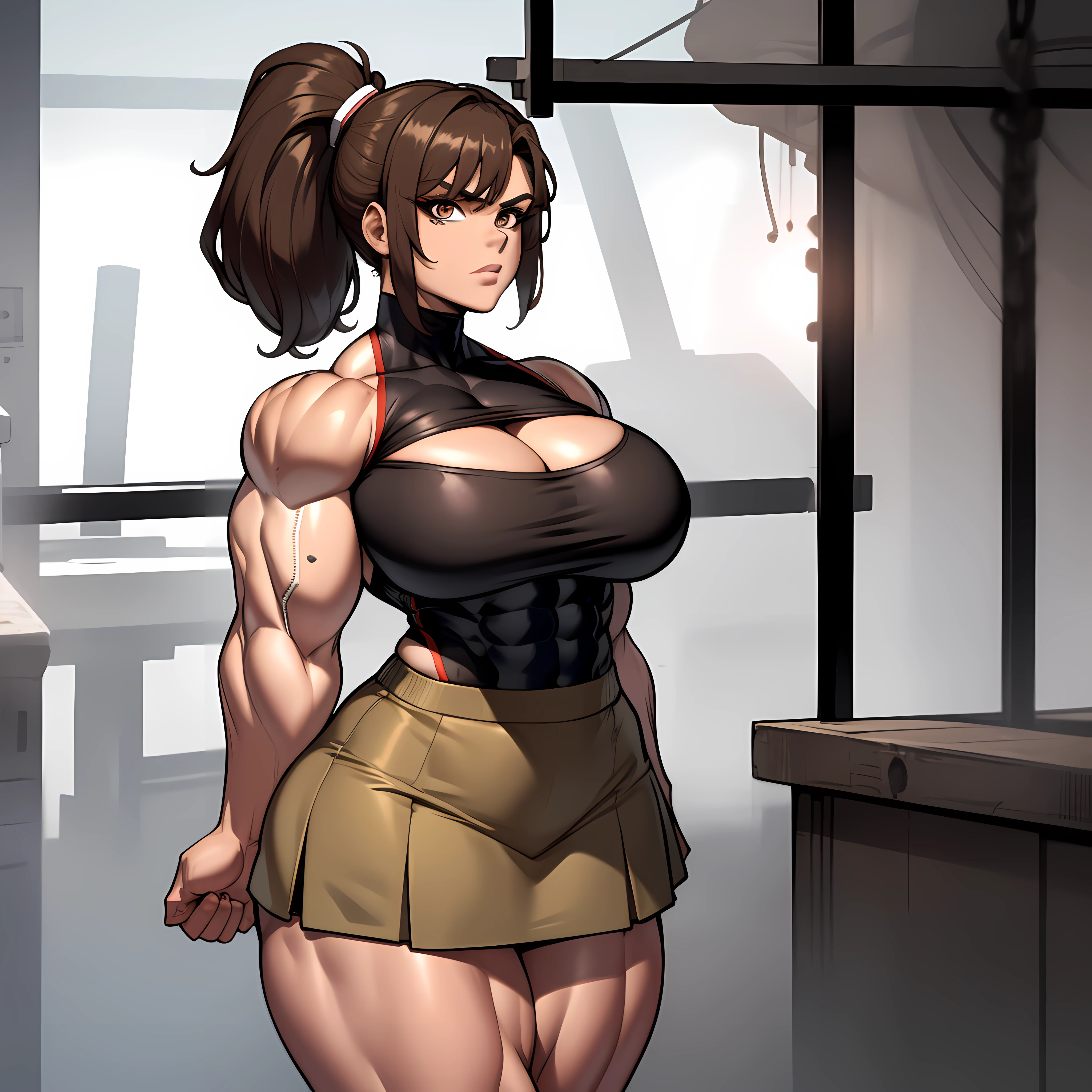 one female with short ponytail brown haircut, wearing short skirt and tube top, thicc, alone, solo, (ALONE)(SOLO), showing cleavage, facing forward, looking at me, looking forward, (((((huge muscles)))))