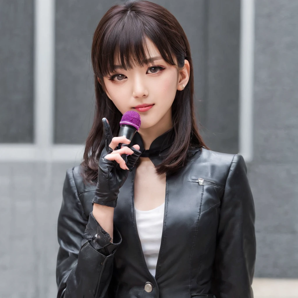 ((((Five Fingers)))), ((masutepiece)), (((Best Quality))), ((Ultra-detailed face)), super-detaild skin, Ultra-detailed eyes, ((Photorealistic)), ((((Five Fingers)))), full boby, Perfect Anatomy, Smile, ((Japan modern schoolgirl in uniform and pink cute coat)), (((Japan high school girl wearing dark black leather gloves on both hands))), Mini skirt, Bare legs, (((High school girl with hand microphone))), Full body, In modern Tokyo, Photo, Street Interviews, 18year old, Modern makeup, Cute, Adult schoolgirl, Shiny hair, Black hair, short-hair,Looking through the bangs, Black hair, Portrait
