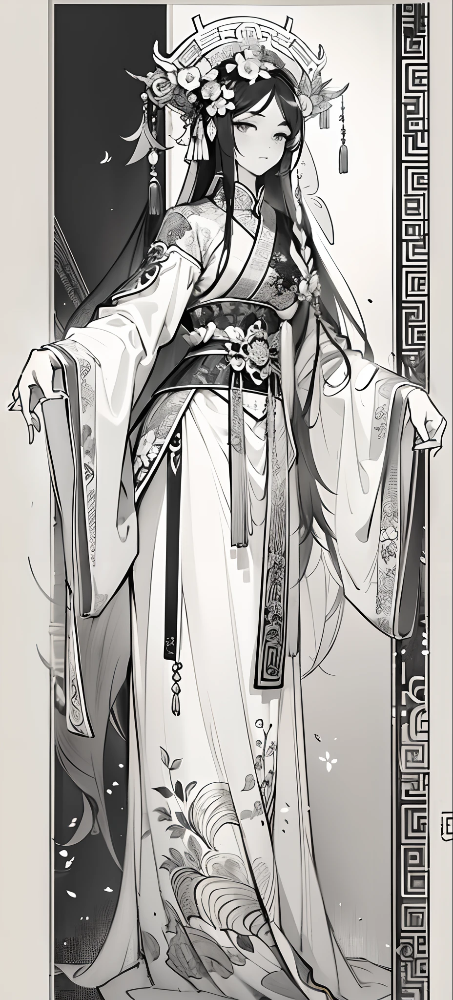sketching,pencil drawing,Miss Fox Fairy,Pavilions,Fairy air fluttering,Chinese ancient style,Wide robe,Black and white picture,Black and white art,Black and white illustration,super-fine,Hair is carefully described,The eyes are carefully depicted,best qualtiy,8K分辨率