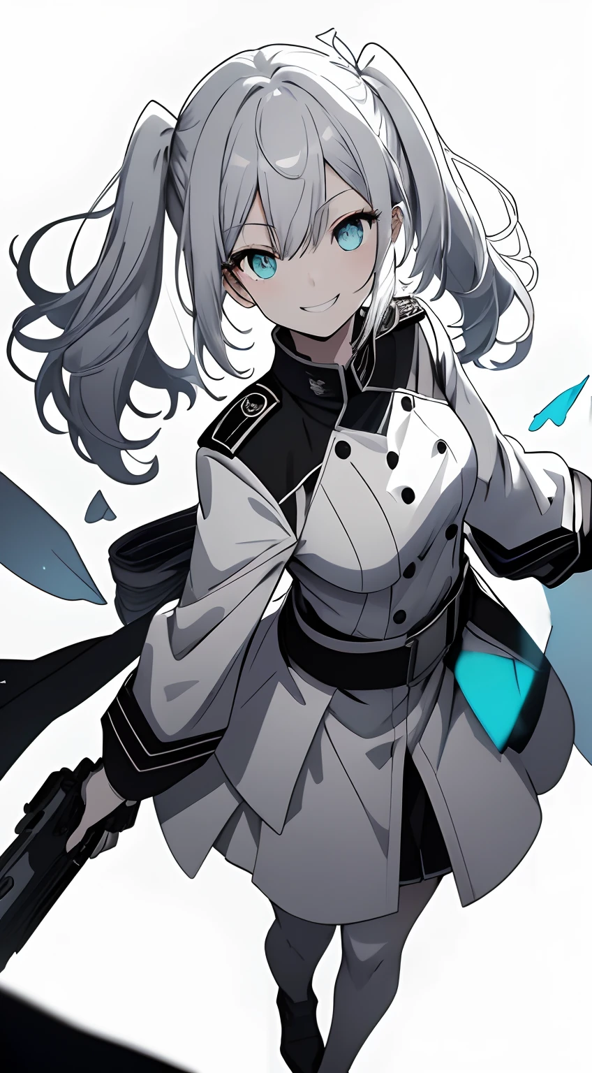 Full body, White one-piece military uniform, Jet black head of hair,(masutepiece:1.2, Best Quality), (finely detailed beautiful eye: 1.2), (beautifull detailed face), High contrast, (Best Illumination, extremely delicate and beautiful), ((Cinematic Light)), Dramatic light, Intricate details,Turquoise eyes, Shining eyes,Short stature, Undersized breasts、Belt under the chest、White military uniform, White skirt,Very dark gray hair, Black tie,  (Pale white background:1.5), Long twin tails fluttering in the wind,very long twintails, white  clothes,Look at me and smile,