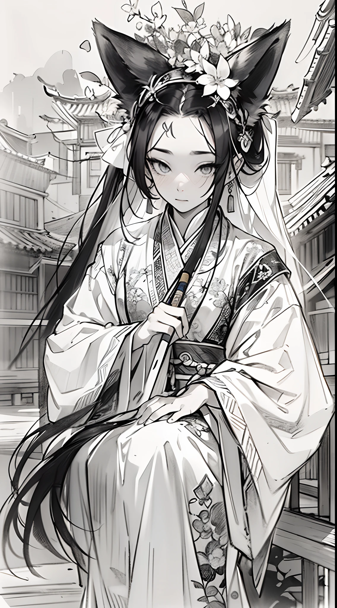 sketching,pencil drawing,Pencil strokes,Fox-eared maiden,Pavilions,Fairy air fluttering,Chinese ancient style,Wide robe,Black and white picture,Black and white art,Black and white illustration,super-fine,Hair is carefully described,The eyes are carefully depicted,best qualtiy,8K分辨率