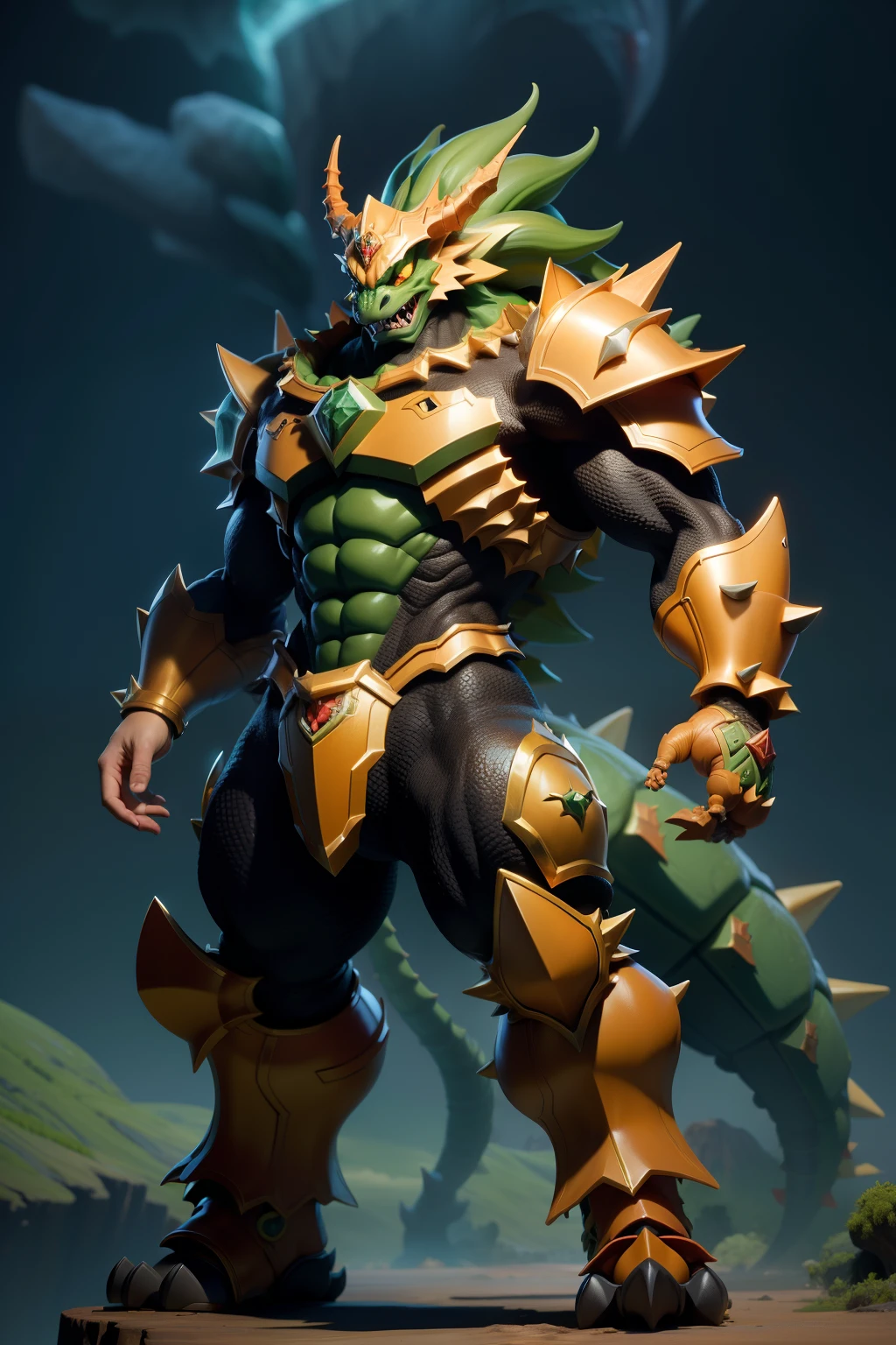 3dmm style,(masterpiece, top quality, best quality, official art, beautiful and aesthetic:1.2), (fractal art:1.3), 1Kaiju, high detailed, Bowser, king koopa, green shell with spikes, tail, red hair, big & strong, dark lighting, angry face, looking the sky, sky, medium shot, yellow & green Ironman armor, mushroom Kingdom background, jewelry