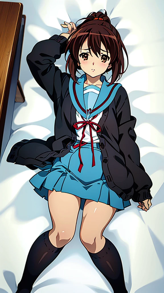 (kyoani style), anime style, best quality, 4k, masterpiece, standing girl, 1 girl, solo, 1 schoolgirl, brown hair, ponytail hairstyle, brown eyes, [empty eyes], [short girl], (flat breast:1.25), [suzumiya haruhi], sailor uniform, [[sleepy eyes]], daydreaming, blush, (kita high school uniform), (cardigan:1.3), open clothes, open cardigan, brown cardigan, long sleeves, winter uniform, (nsfw), flipping skirt, lying on bed, bed, CarnelianDakimakura