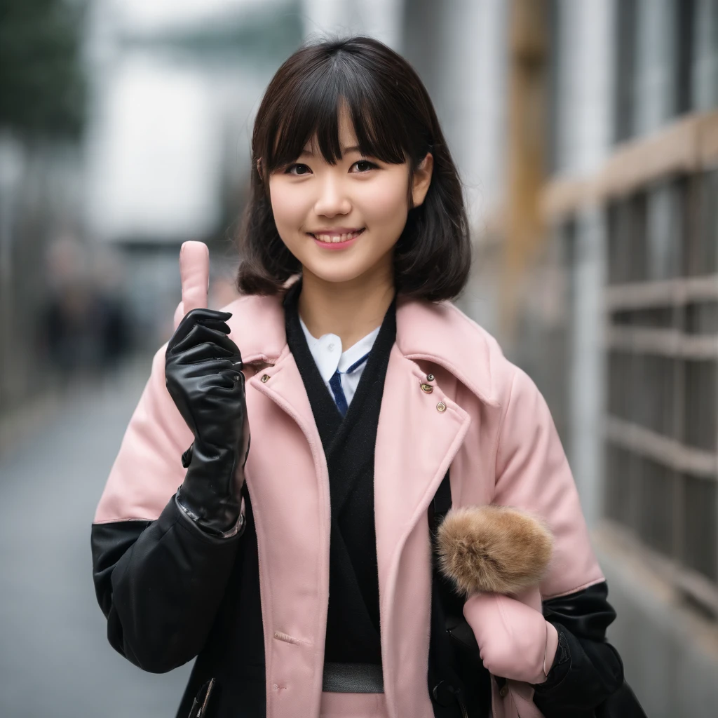 ((((Five Fingers)))), ((masutepiece)), (((Best Quality))), ((Ultra-detailed face)), super-detaild skin, Ultra-detailed eyes, ((Photorealistic)), ((((Five Fingers)))), full boby, Perfect Anatomy, Smile, ((Japan modern schoolgirl in uniform and pink cute coat)), ((((Japan high school girl wearing dark black leather gloves on both hands)))), Mini skirt, Bare legs, (((High school girl with hand microphone))), Full body, In modern Tokyo, Photo, Street Interviews, 18year old, Modern makeup, Cute, Adult schoolgirl, Shiny hair, Black hair, short-hair,Looking through the bangs, Black hair, Portrait