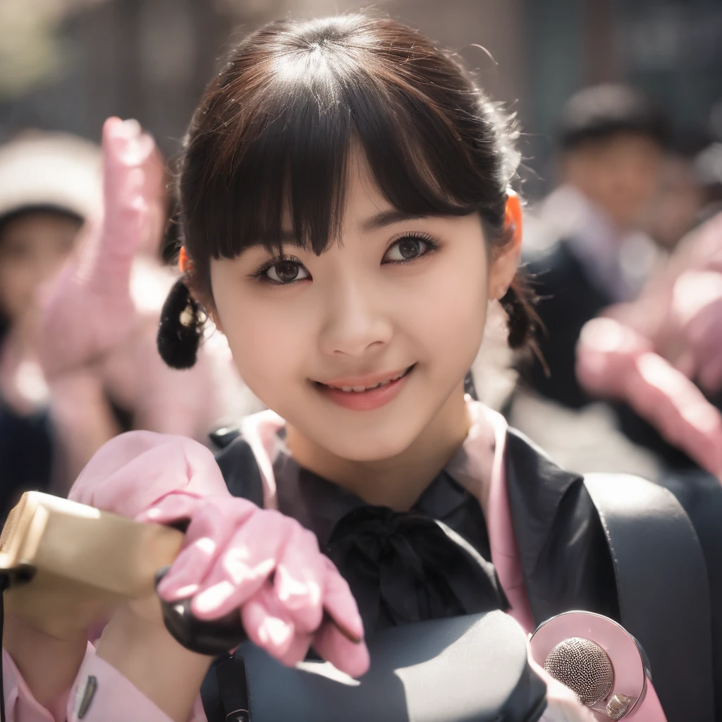 ((((Five Fingers)))), ((masutepiece)), (((Best Quality))), ((Ultra-detailed face)), super-detaild skin, Ultra-detailed eyes, ((Photorealistic)), ((((Five Fingers)))), full boby, Perfect Anatomy, Smile, ((Japan modern schoolgirl in uniform and pink cute coat)), ((((Japan high school girl wearing dark black leather gloves on both hands)))), Mini skirt, Bare legs, (((High school girl with hand microphone))), Full body, In modern Tokyo, Photo, Street Interviews, 18year old, Modern makeup, Cute, Adult schoolgirl, Shiny hair, Black hair, short-hair,Looking through the bangs, Black hair, Portrait