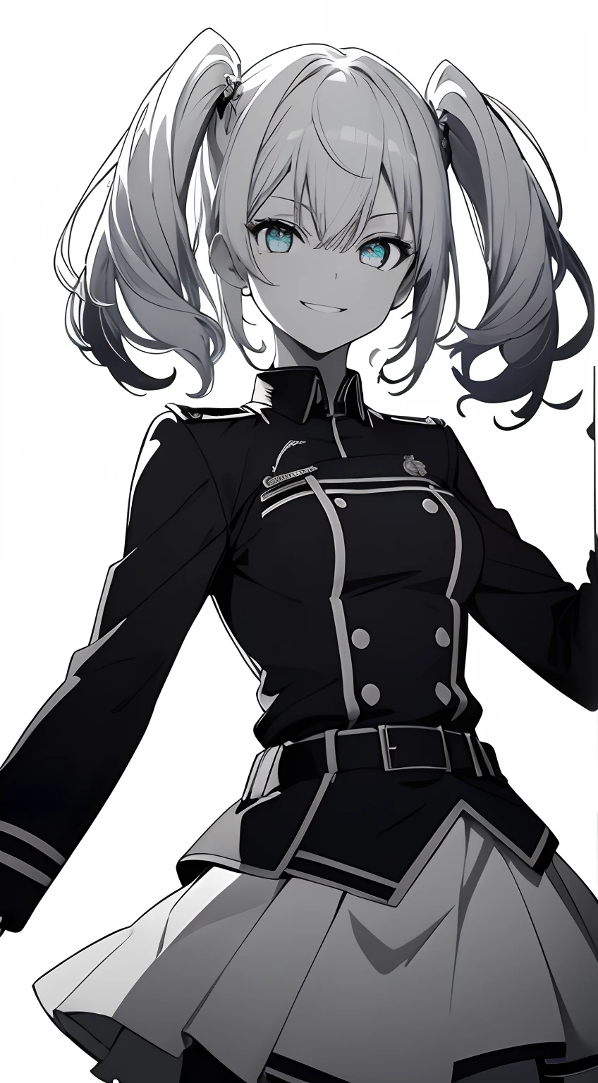 Full body, White one-piece military uniform, Jet black head of hair,(masutepiece:1.2, Best Quality), (finely detailed beautiful eye: 1.2), (beautifull detailed face), High contrast, (Best Illumination, extremely delicate and beautiful), ((Cinematic Light)), Dramatic light, Intricate details,Turquoise eyes, Shining eyes,Short stature, Undersized breasts、Belt under the chest、White military uniform, White skirt,Very dark gray hair, Black tie,  (Pale white background:1.5), Long twin tails fluttering in the wind,very long twintails, white  clothes,He looks at me and smiles slightly,accurate hands,