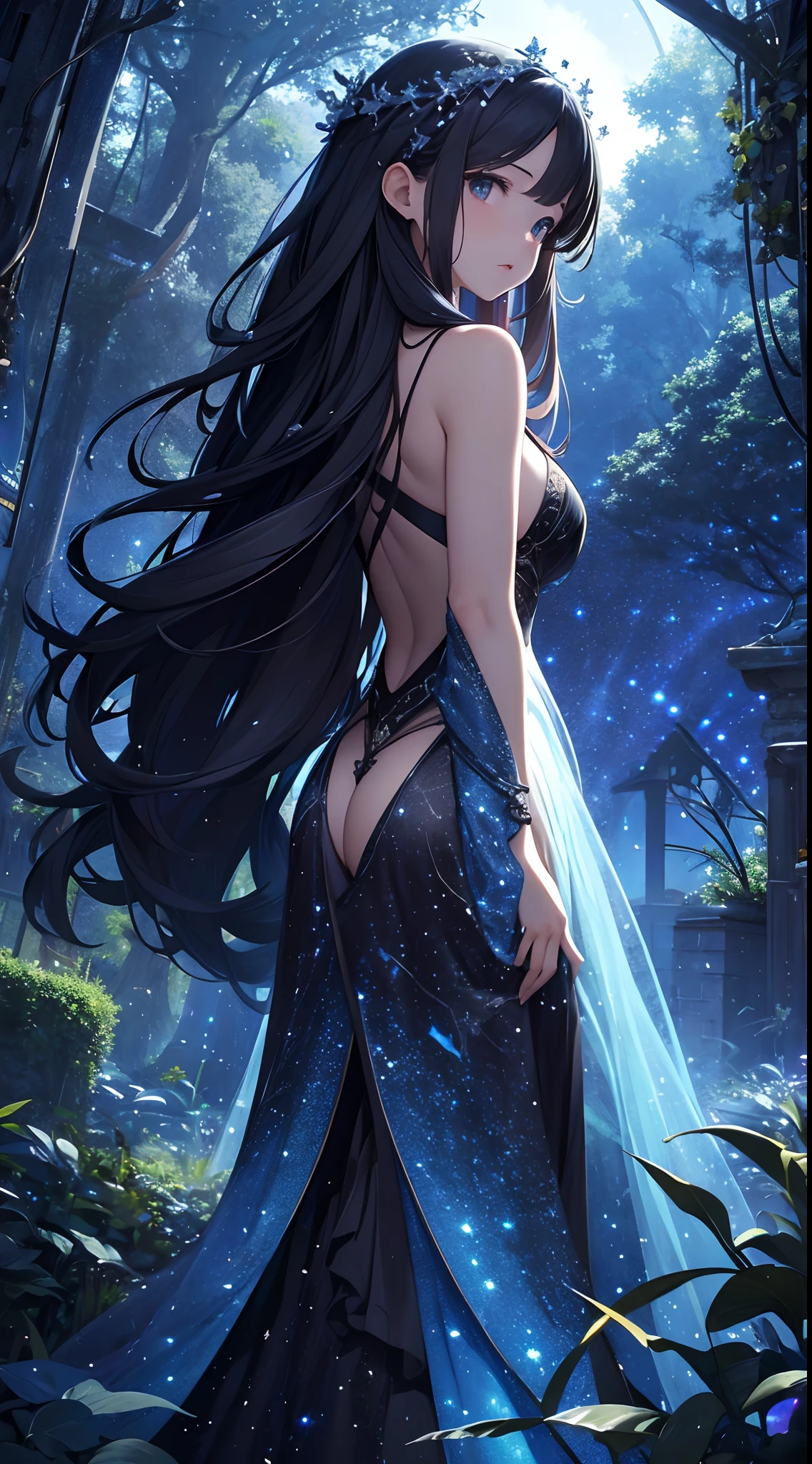 masterpiece、Background with((starrysky、Meteor swarm、black hole))、Depth((Huge fantastic tree、It's glowing.、plants、城市))、a beauty girl、Rear view、Looking up