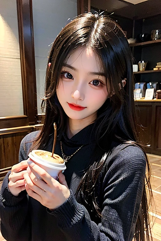 超A high resolution、​masterpiece、top-quality、selphie、Instagramer、
extra detailed face、A detailed eye、Very complex and、perfect glossy shiny skins、Perfect litthing、Detailed Lighting、Dramatic shadows、光线追踪、
1 girl in、The upper part of the body、Black sweater、(Shy smile:0.4)、Dynamic Poses、coffee shop