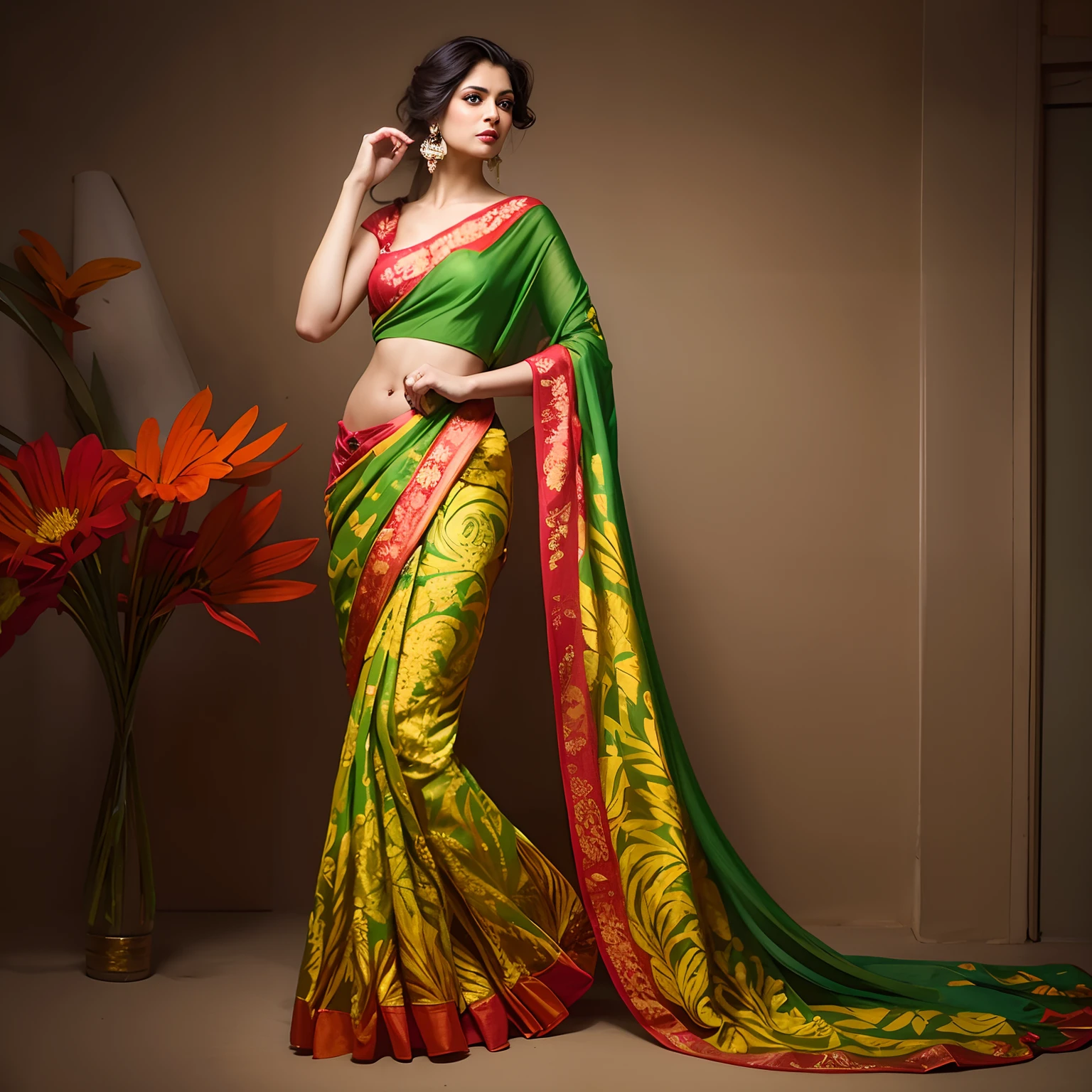 a woman in a red and green sari posing for a picture, colorful with red hues, wearing a sari, dressed in a sari, wearing intricate, with colourful intricate, sari, looking regal and classic, ritu kumar, wearing sari, vibrant feel, bold. intricate, traditional beauty, draped with red hybiscus, ornate attire, intricate silk clothing