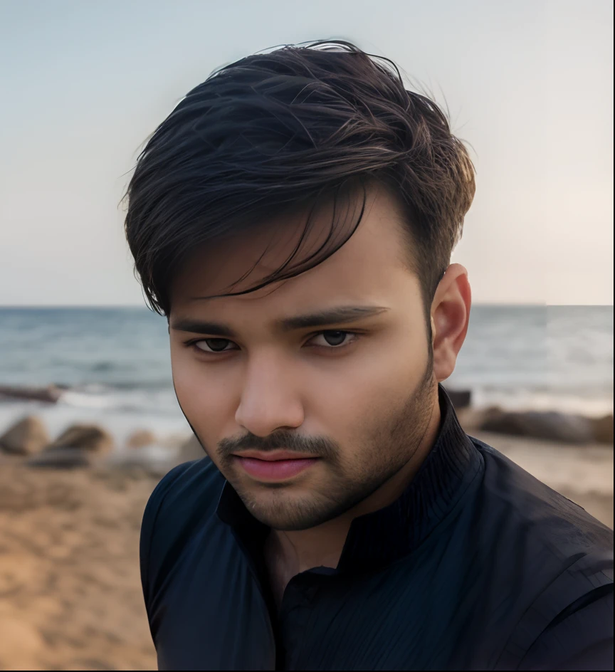 "A man standing at a sea beach,sea background,beach,a stylish young man with a well-groomed beard, captivating black eyes, and neatly styled short brown hair.award winning photography,film photography, professional colour grading,8k,khabirgazi, potrait, wallpaper,hd,solo,1man"