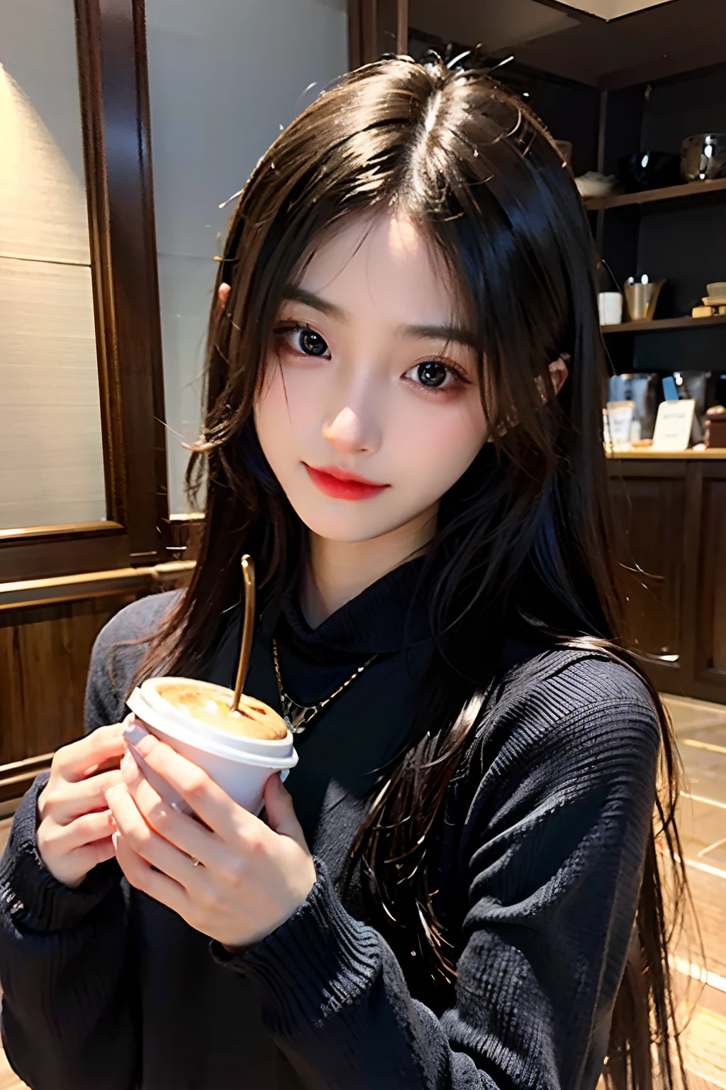 超A high resolution、​masterpiece、top-quality、selphie、Instagramer、
extra detailed face、A detailed eye、Very complex and、perfect glossy shiny skins、Perfect litthing、Detailed Lighting、Dramatic shadows、光线追踪、
1 girl in、The upper part of the body、Black sweater、(Shy smile:0.4)、Dynamic Poses、coffee shop