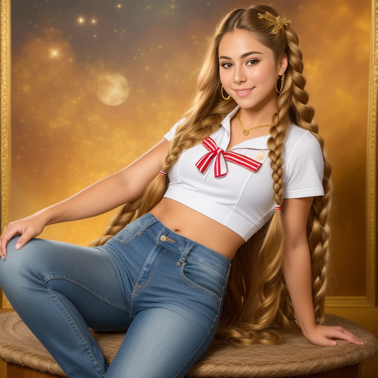 (best quality, RAW photography, extremely detailed, 4k,8k,high res,masterpiece:1.2),ultra-detailed, photorealistic, full body shot,golden bronde hair in braids Mature and beautiful, realistic portrayal:1.2 Sailor Moon smiling posing for a photoshoot, dressed up in jeans. The backdrop is full of moons
