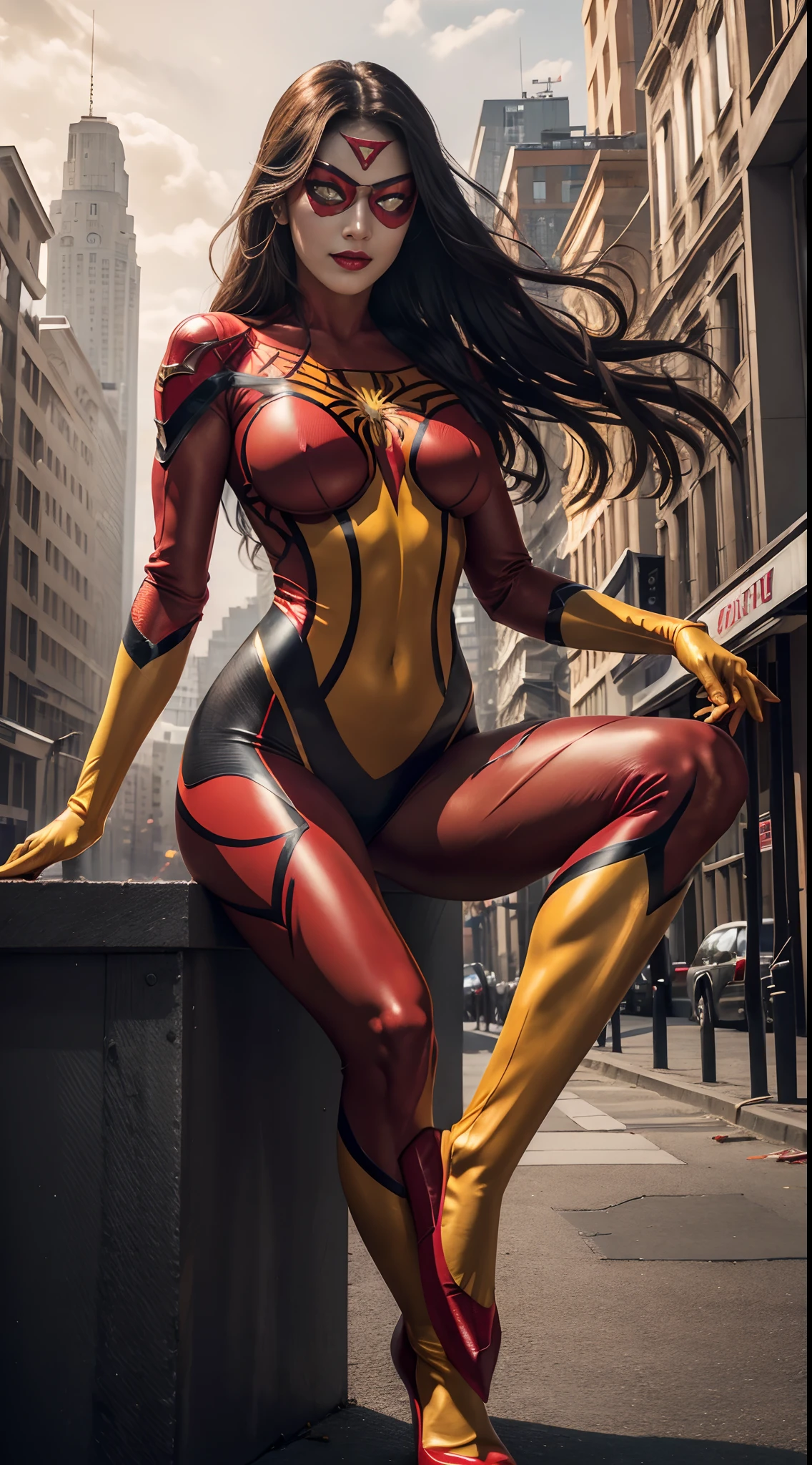 (best quality,ultra-detailed,realistic:1.37),portrait,Spider Woman,sexy red lips,detailed eyes,sensual face expression,(red spider woman mask),cosplay,poised dynamic pose,full length body,yellow iris,youthful,fierce look,graceful movement,elegant posture,spider-themed outfit,spider web background,vivid colors,sharp focus,beautiful lighting,hair blowing in the wind,dramatic atmosphere,high-res mastery.yellow eye iris,red spider woman mask,cheerful face,dynamic sitting pose at building ,full body figure,chrome gold pattern details on cosplay