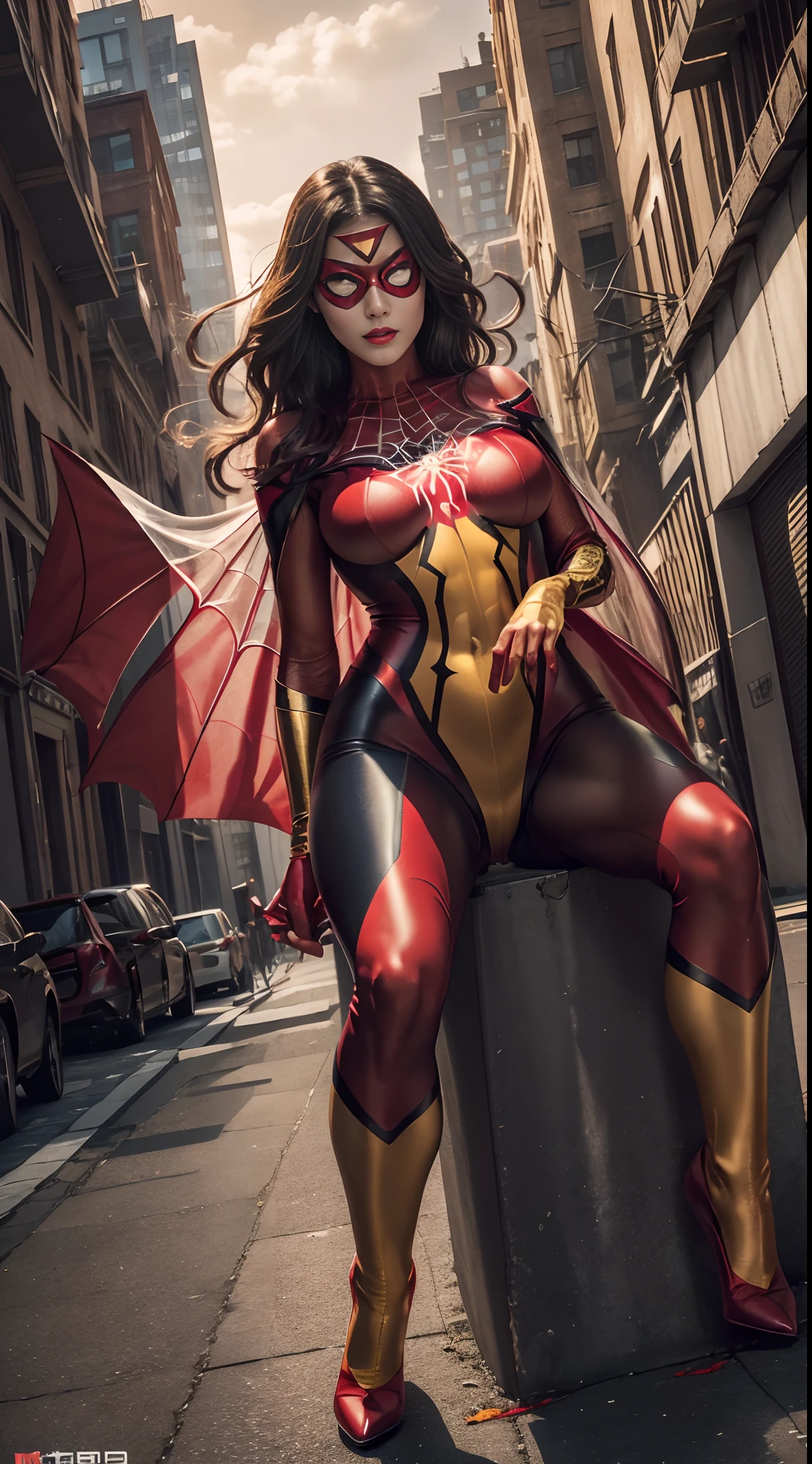 (best quality,ultra-detailed,realistic:1.37),portrait,Spider Woman,sexy red lips,detailed eyes,sensual face expression,(red spider woman mask),cosplay,poised dynamic pose,full length body,yellow iris,youthful,fierce look,graceful movement,elegant posture,spider-themed outfit,spider web background,vivid colors,sharp focus,beautiful lighting,hair blowing in the wind,dramatic atmosphere,high-res mastery.yellow eye iris,red spider woman mask,cheerful face,dynamic sitting pose at building ,full body figure,chrome gold pattern details on cosplay