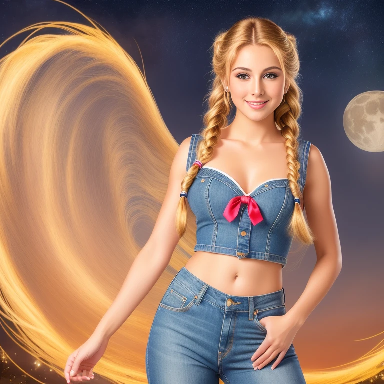 (best quality, RAW photography, extremely detailed, 4k,8k,high res,masterpiece:1.2),ultra-detailed, photorealistic, full body shot,golden bronde hair in braids Mature and beautiful, realistic portrayal:1.2 Sailor Moon smiling posing for a photoshoot, dressed up in jeans. The backdrop is full of moons