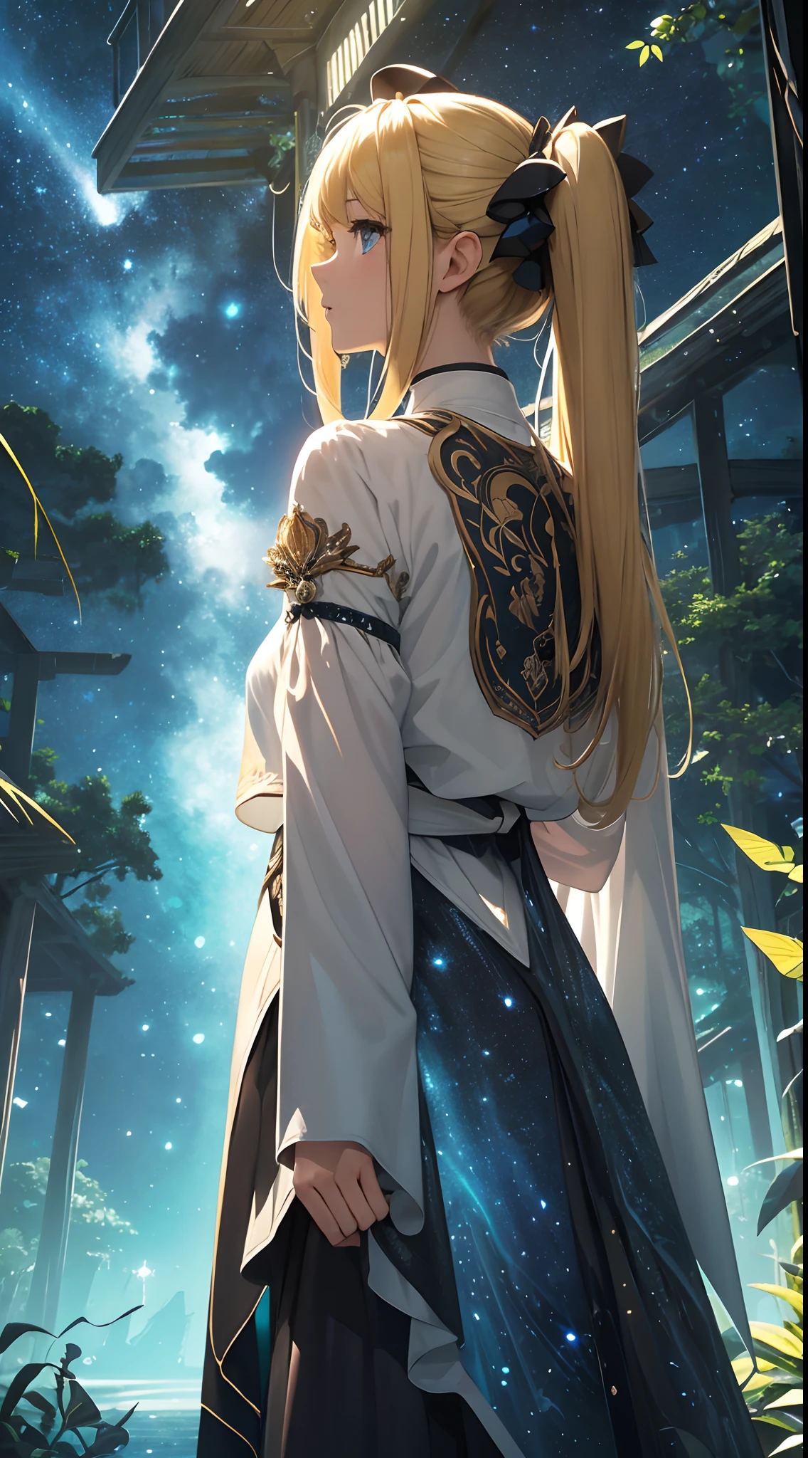 ​masterpiece、Background with（（starrysky、Meteor swarm、black hole））、Depth（（Huge fantastic tree、It's glowing.、plants、城市））、a beauty girl、Rear view、Looking up、poneyTail、a blond