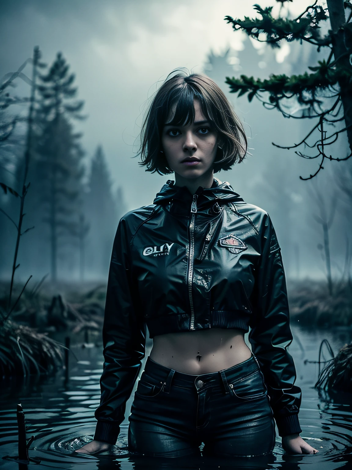 (Best Quality,hight resolution,Masterpiece:1.2),Ultra-detailed,The woman,Wearing flared jeans,Useless,sickly,drowning in a swamp,gloomy ecstasy,fetish,dark gloomy atmosphere,gritty texture,Retro-atmosphere,warped reality,melancholic expression on his face,mysterious aura,foggy atmosphere,foggy background,Subtle color palette,provocative pose,A mesmerizing concept,Abstract storytelling,Strong emotions,Coming Out of the Depths of Despair,Piercing gaze,intense shadows,Plunged in Darkness,Rugged terrain,ominous vibe,A supernatural sensation,Loss of Place in Time and Space,Eerie silence.asymmetrical bangs, Patches, Short hair, Bangs, pectorals, freckles, gray eyes,