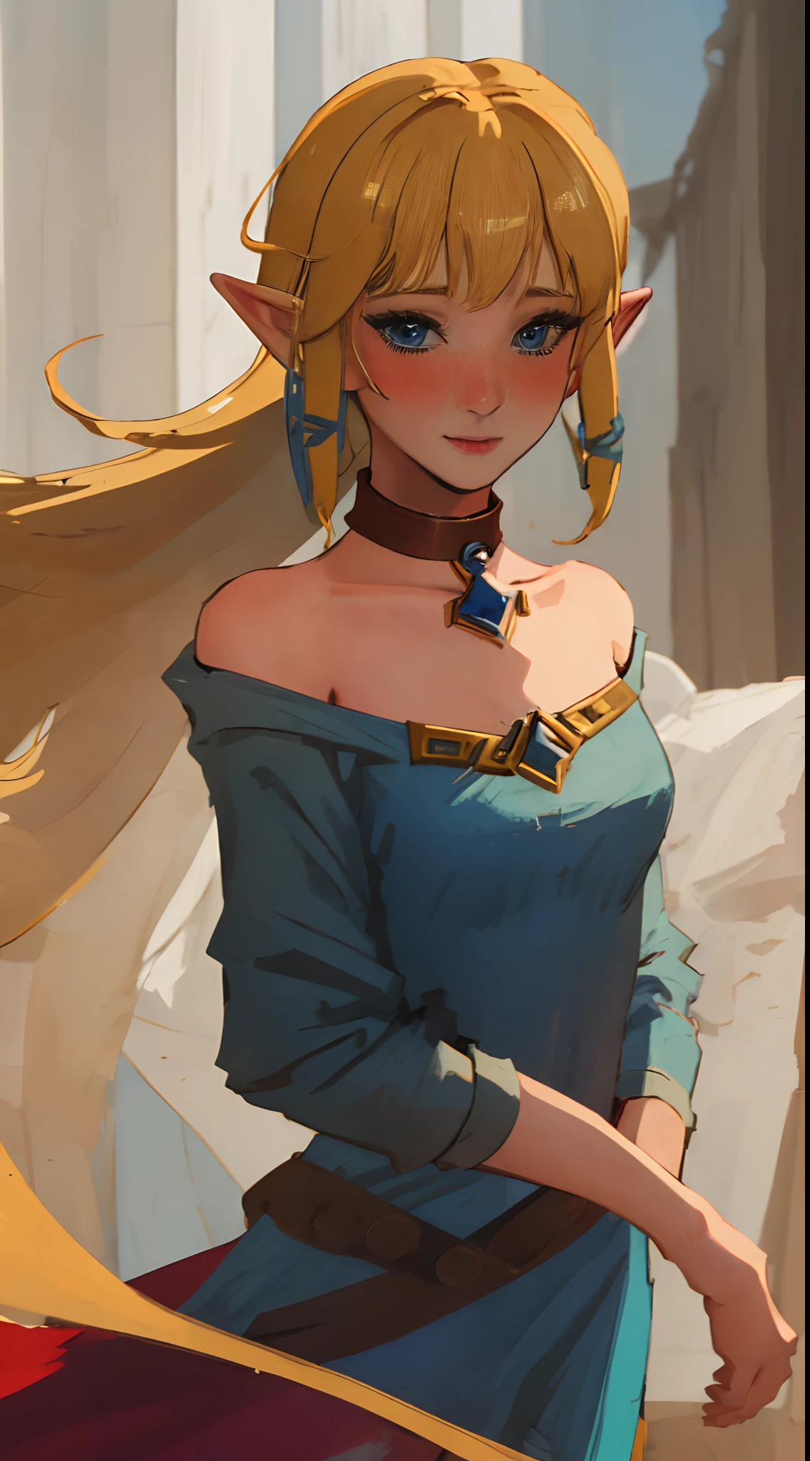 (adult:1.6)(26 years old:1.7)(masterpiece, best quality:1.2), 1girl,solo,(looking at viewer), princess, Zelda, red theme, long strapless dress, blonde hair, bare shoulders, blue eyes, palace, cowboy shot, ponytail,(blushing), (collar), (smiling:0.8),(see-through:0.3)(eyes open:1.3),(excited:0.4)(surprised:0.5)(affectionate:0.6)