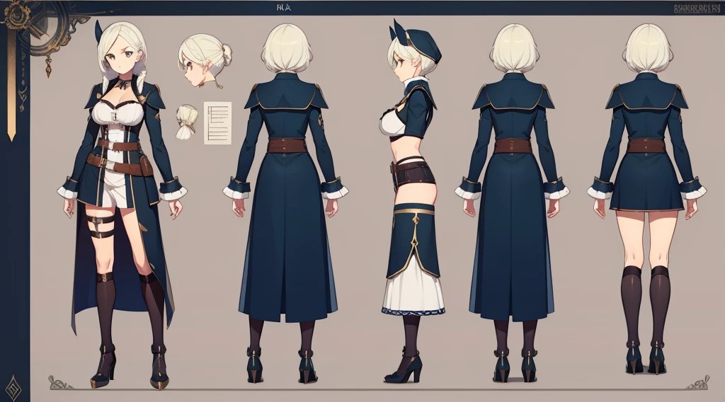 (masterpiece, best quality) detailed,police girl ,blonde hair ponytail,blue eye,(character design sheet, same character, full body, 3views, front, side, back)