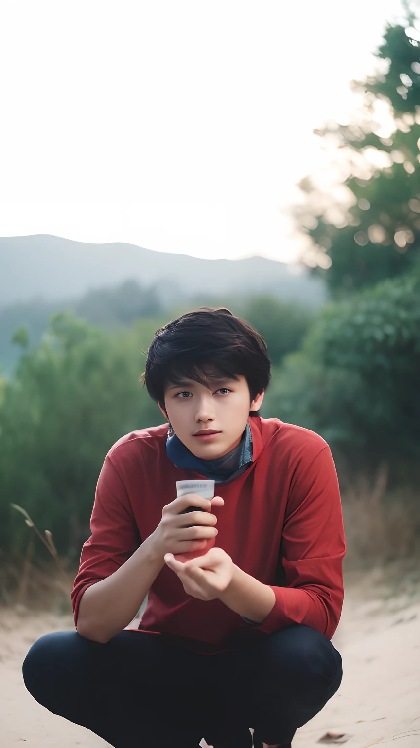 OriginalPhotographs, Portrait photo of 22 years old.Oh,Men, traveler clothes, stood in a forest, Natural skin, 8K UHD, High quality, filmgrain, Fujifilm XT3, brurry, morning atmosphere