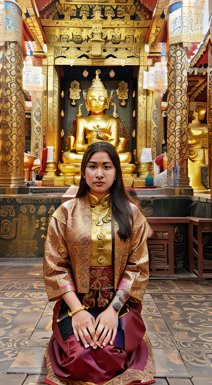 Araf women sitting in front of golden statues in temples, Standing in a Buddhist temple, in a temple, in front of a temple, in front of a temple, Standing in front of the altar, Inside her temple..., with a chinese temple, thai temple, Engrave the screen, nivanh chanthara, buddhist temple