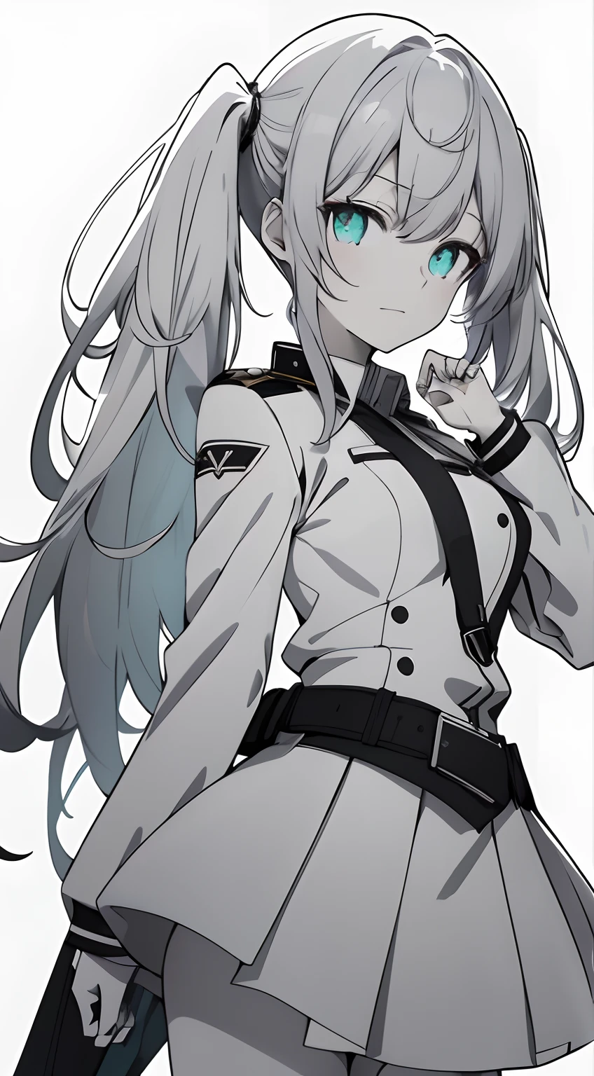 Full body, White one-piece military uniform, Jet black head of hair,(masutepiece:1.2, Best Quality), (finely detailed beautiful eye: 1.2), (beautifull detailed face), High contrast, (Best Illumination, extremely delicate and beautiful), ((Cinematic Light)), Dramatic light, Intricate details,Turquoise eyes, Shining eyes,Short stature, Undersized breasts、Belt under the chest、White military uniform, White skirt,Very dark gray hair, Black tie,  (Pale white background:1.5), Long twin tails fluttering in the wind,very long twintails, white  clothes,