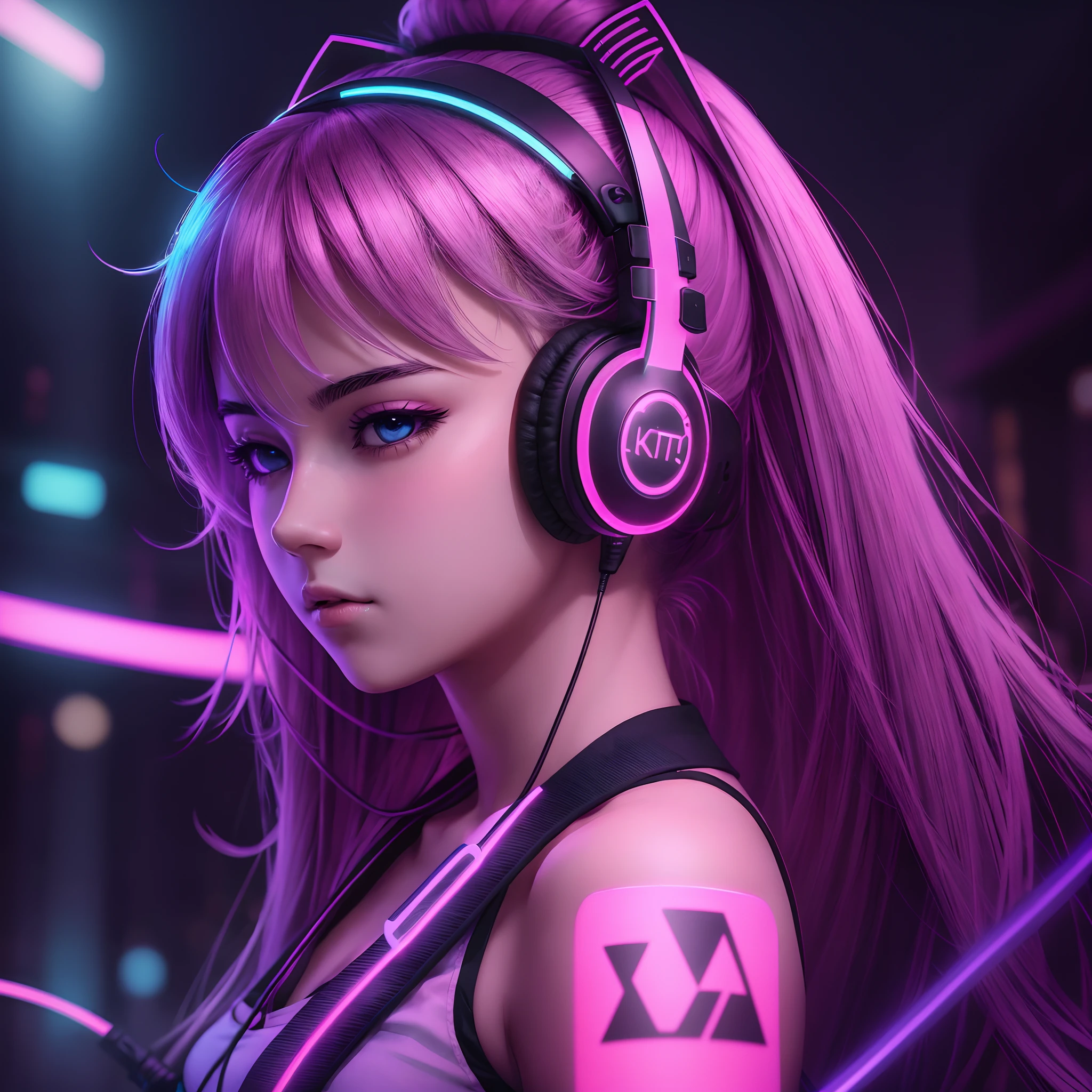 Wallpapers of girl with headphones holding a katana tokyo night neon light 8k ulta realistic