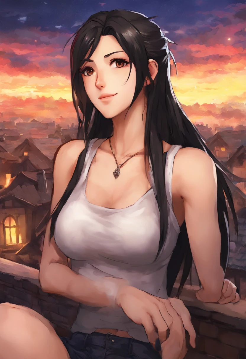 8k,masterpiece, best quality, (1 girl), tifa lockhart, red_eyes, black hair, long hair, shiny skin, (best quality), crisp focus: 1.2, highly detailed face and skin texture, detailed eyes, perfect face, perfect body, art, cg, (20yo, mature cool and beautiful face),,(The image is of Tifa Lockhart sitting on a rooftop, gazing at a vibrant meteor shower in the night sky.:1.2),Final Fantasy VII,null