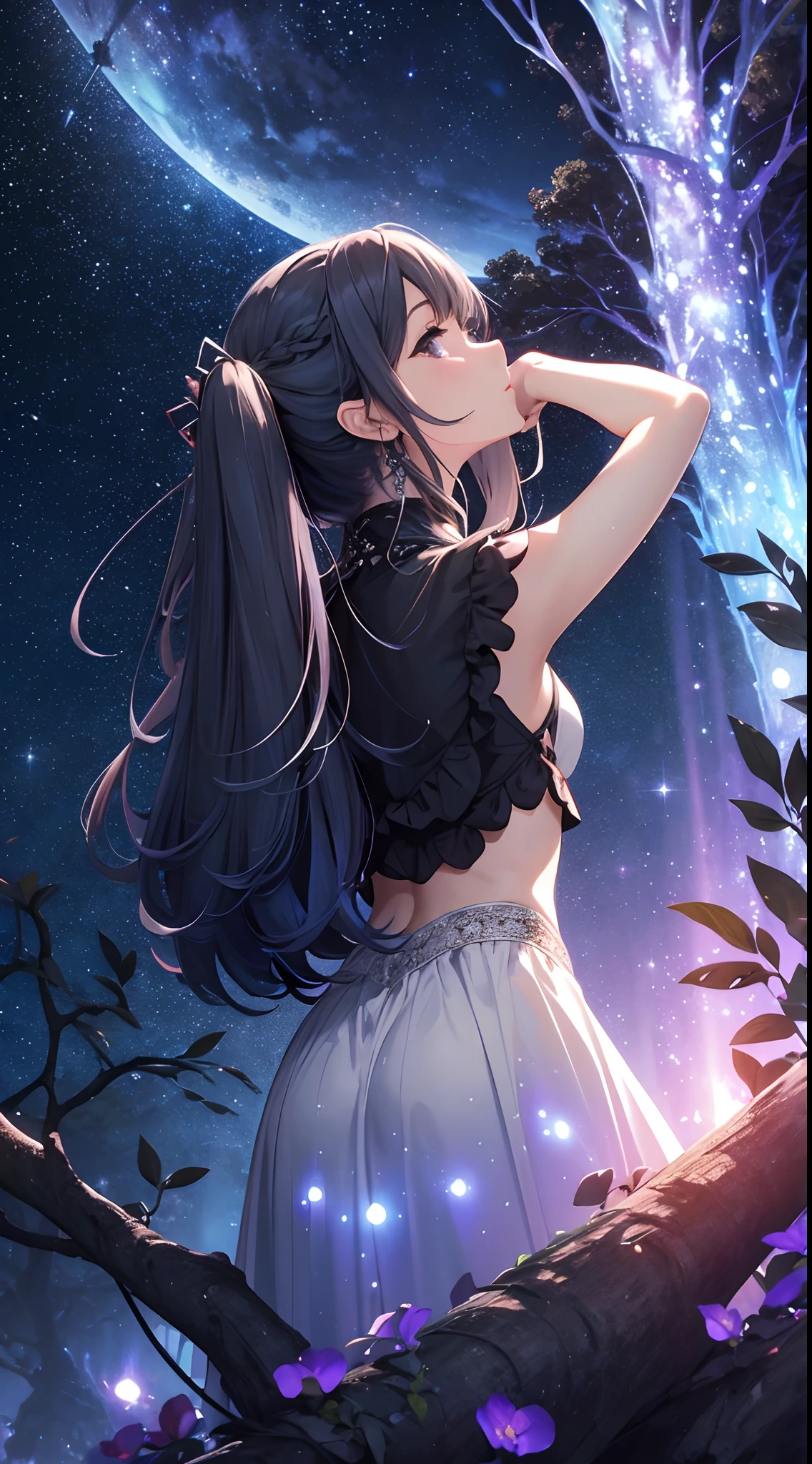 masterpiece、Background with((starrysky、Meteor swarm、black hole))、Depth((Huge fantastic tree、It's glowing.、plants、城市))、a beauty girl、Rear view、Looking up、poneyTail、silber hair