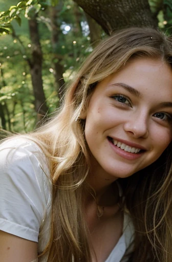 A 20-year-old girl with long blonde hair.. Attractive and beautiful . leaning against a tree in the woods. Laughing and rejoicing..