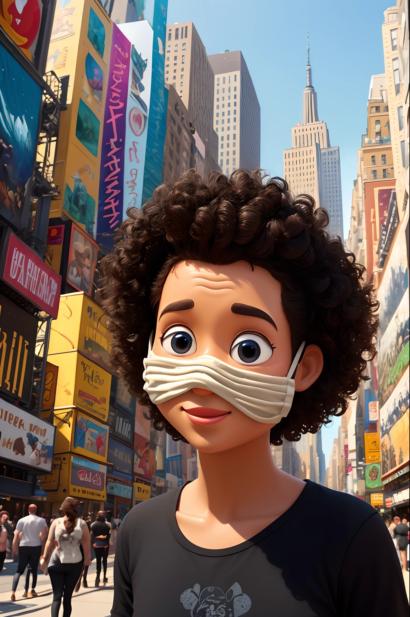 Create a Disney inspired art of a person in a all black outfit with curly brown hair mask covering there face brown eyes and a tan skin tone and the background be New York City They are 3D animated pixar characters