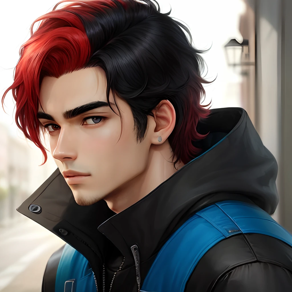 Anime Fluffy black haired hispanic guy with red hair streak and blue eyes